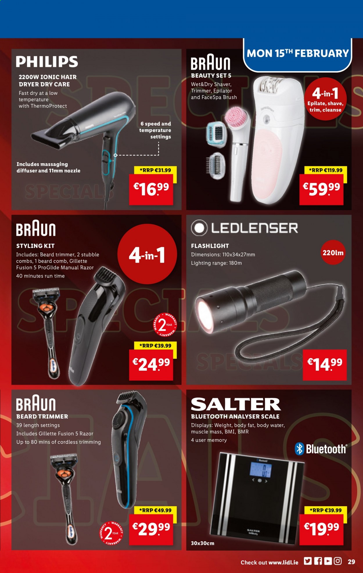 thumbnail - Lidl offer  - 11.02.2021 - 17.02.2021 - Sales products - Philips, scale, salt, comb, Gillette, razor, trimmer, brush, ruler, diffuser, Braun, shaver, epilator. Page 29.