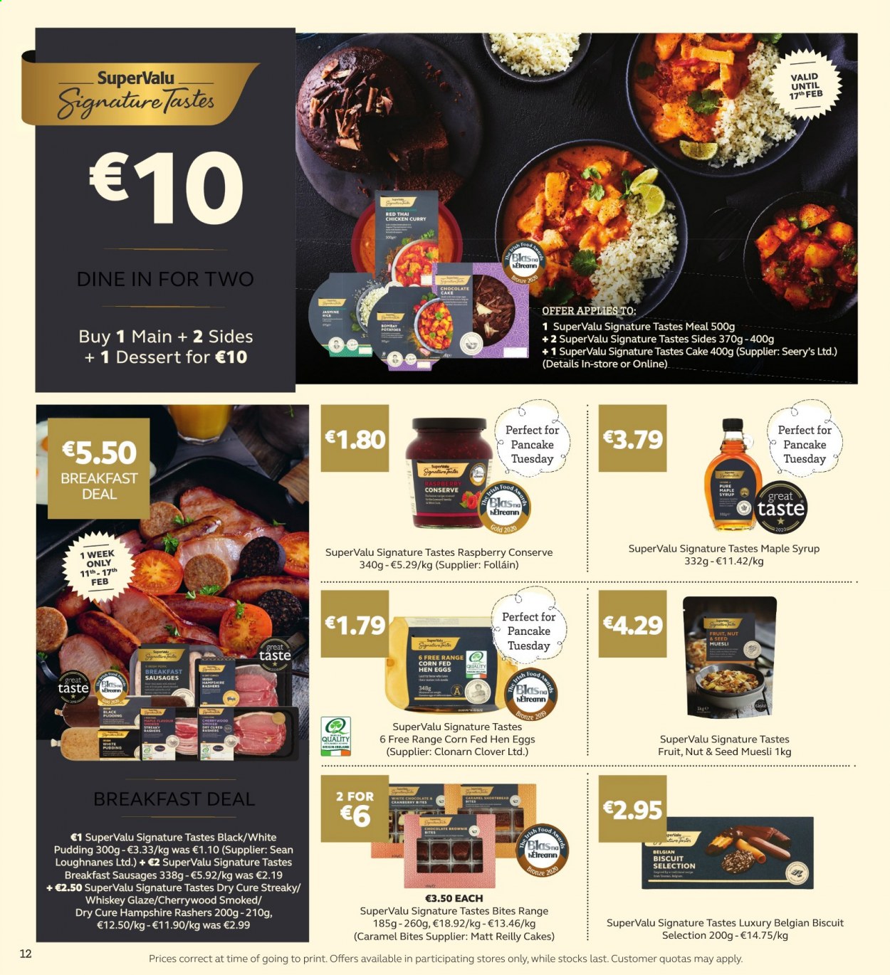 thumbnail - SuperValu offer  - 11.02.2021 - 24.02.2021 - Sales products - cake, sausage, pudding, Clover, eggs, biscuit, muesli, caramel, maple syrup, syrup. Page 12.