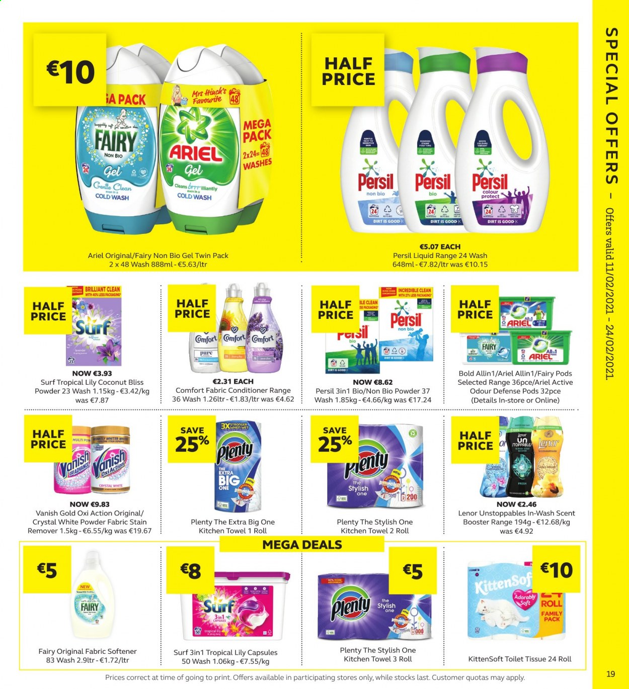 thumbnail - SuperValu offer  - 11.02.2021 - 24.02.2021 - Sales products - coconut, toilet paper, tissues, Plenty, kitchen towels, stain remover, Fairy, Vanish, Persil, fabric softener, Ariel, Surf, Lenor, conditioner. Page 19.