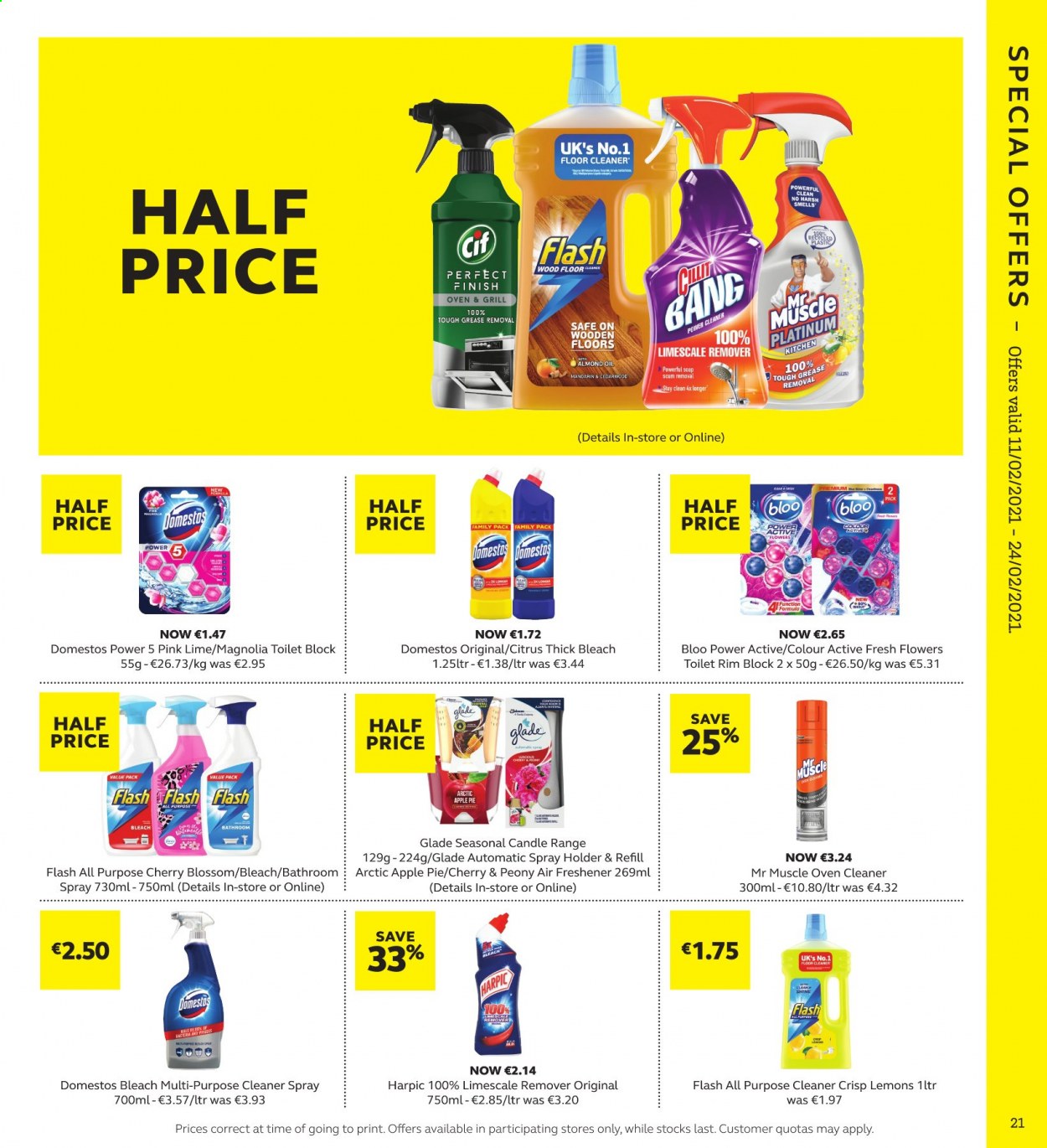 thumbnail - SuperValu offer  - 11.02.2021 - 24.02.2021 - Sales products - apple pie, pie, lemons, Domestos, cleaner, all purpose cleaner, floor cleaner, Harpic, Cif, Mr. Muscle, thick bleach, bleach, candle, air freshener, Glade. Page 21.