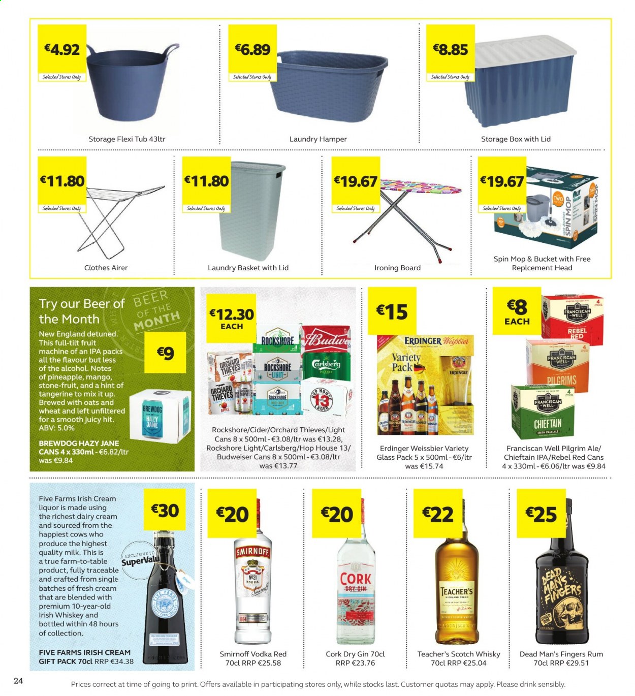 thumbnail - SuperValu offer  - 11.02.2021 - 24.02.2021 - Sales products - mango, hamper, alcohol, apple cider, gin, rum, Smirnoff, vodka, whiskey, irish cream, liquor, beer, Budweiser, Carlsberg, IPA, basket, ironing board, airer, spin mop, mop, box with lids, storage box. Page 24.