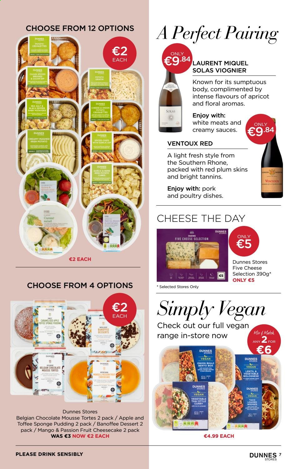 thumbnail - Dunnes Stores offer  - 06.02.2021 - 18.02.2021 - Sales products - red plums, cheesecake, potatoes, onion, salad, mango, cheese, pudding, dip, potato croquettes, chocolate, toffee, chips, sea salt, black pepper, sponge. Page 7.