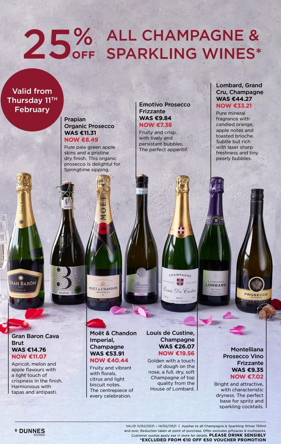 thumbnail - Dunnes Stores offer  - 06.02.2021 - 18.02.2021 - Sales products - brioche, melons, Celebration, biscuit, sparkling wine, champagne, prosecco, wine, Moët & Chandon, organic prosecco, fragrance, Brut, Sharp. Page 8.