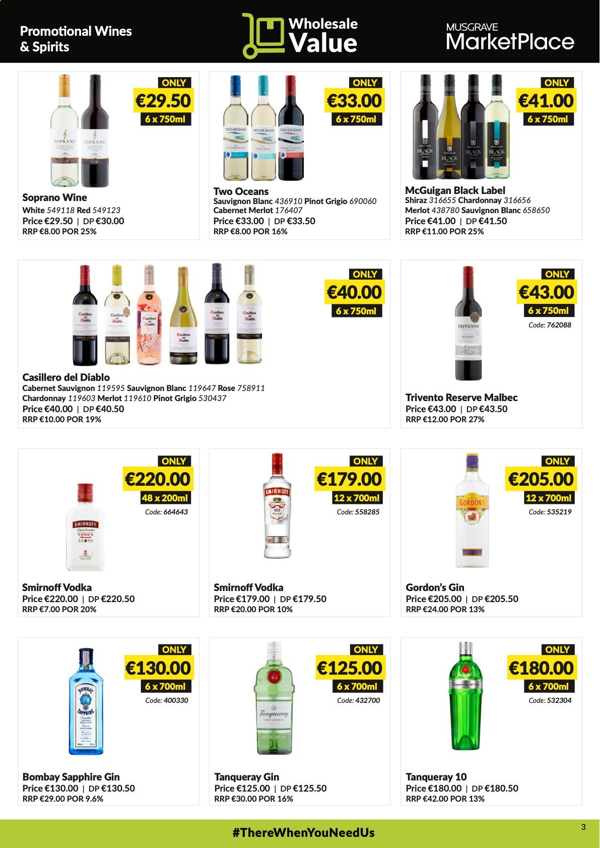 thumbnail - MUSGRAVE Market Place offer  - 14.02.2021 - 13.03.2021 - Sales products - Cabernet Sauvignon, Chardonnay, wine, Merlot, Shiraz, Pinot Grigio, Sauvignon Blanc, gin, Smirnoff, vodka, Gordon's. Page 3.
