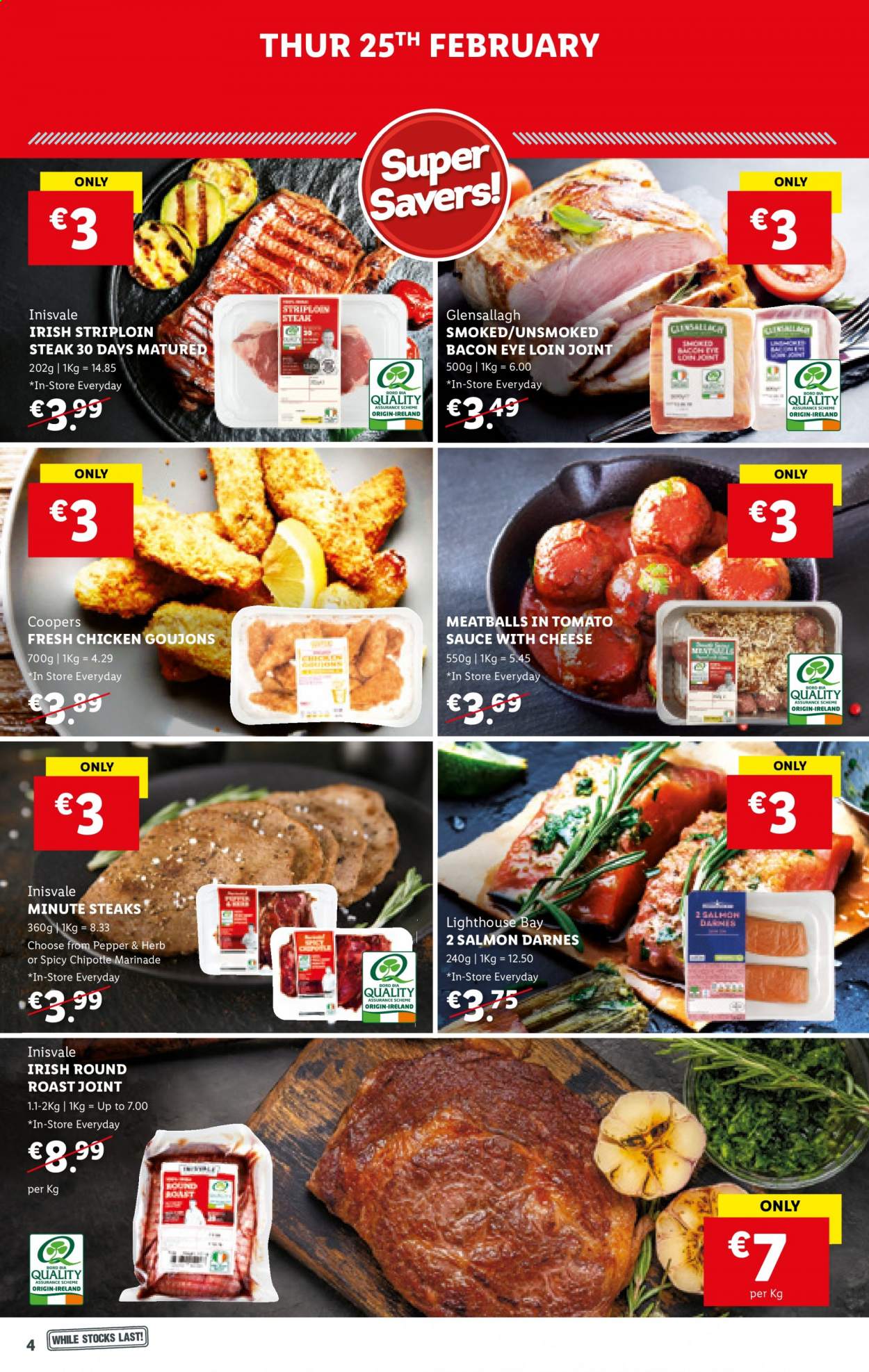 thumbnail - Lidl offer  - 25.02.2021 - 03.03.2021 - Sales products - salmon, meatballs, sauce, bacon, cheese, marinade, steak, round roast. Page 6.
