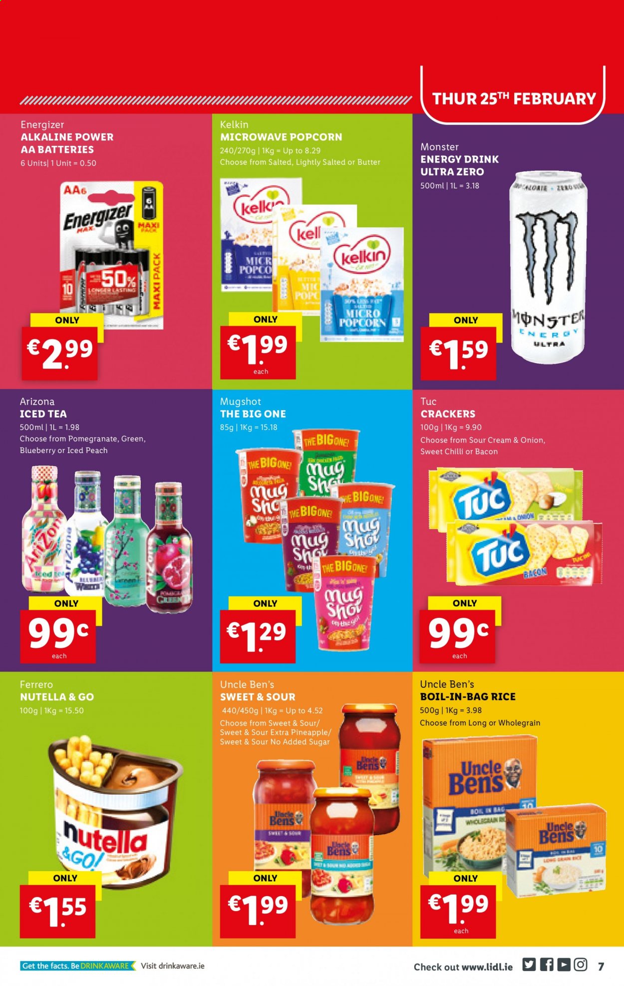 thumbnail - Lidl offer  - 25.02.2021 - 03.03.2021 - Sales products - pineapple, pomegranate, bacon, butter, Nutella, Ferrero Rocher, crackers, popcorn, Uncle Ben's, rice, energy drink, Monster, Monster Energy, AriZona, Energizer, aa batteries, microwave. Page 9.