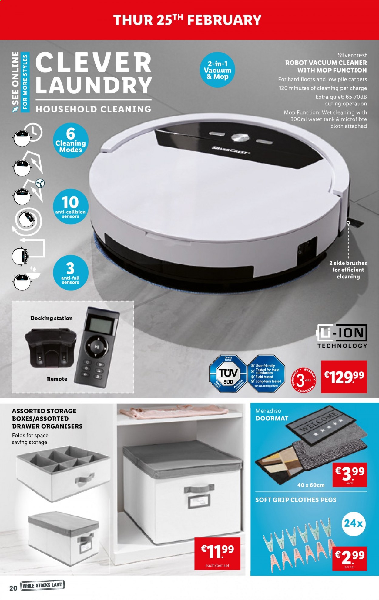 thumbnail - Lidl offer  - 25.02.2021 - 03.03.2021 - Sales products - SilverCrest, cleaner, clothes peg, mop, drawer organiser, tank, vacuum cleaner, robot vacuum. Page 22.
