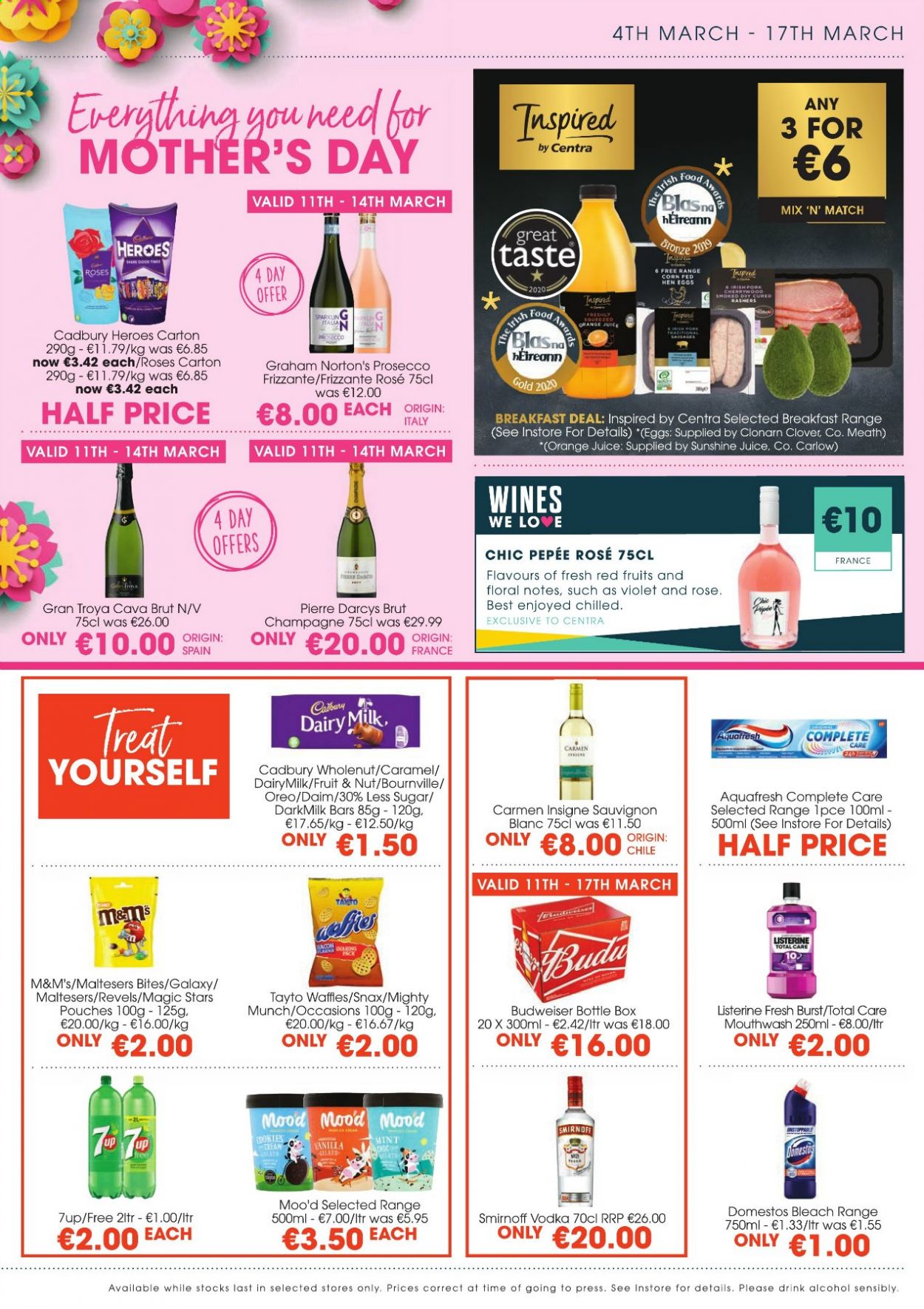 thumbnail - Centra offer  - 04.03.2021 - 17.03.2021 - Sales products - Budweiser, waffles, bacon, Oreo, Clover, eggs, Sunshine, cookies, M&M's, Maltesers, Cadbury, Dairy Milk, Tayto, caramel, orange juice, juice, 7UP, champagne, prosecco, wine, alcohol, Sauvignon Blanc, Smirnoff, vodka, beer, Domestos, bleach, Listerine, mouthwash, Brut. Page 3.