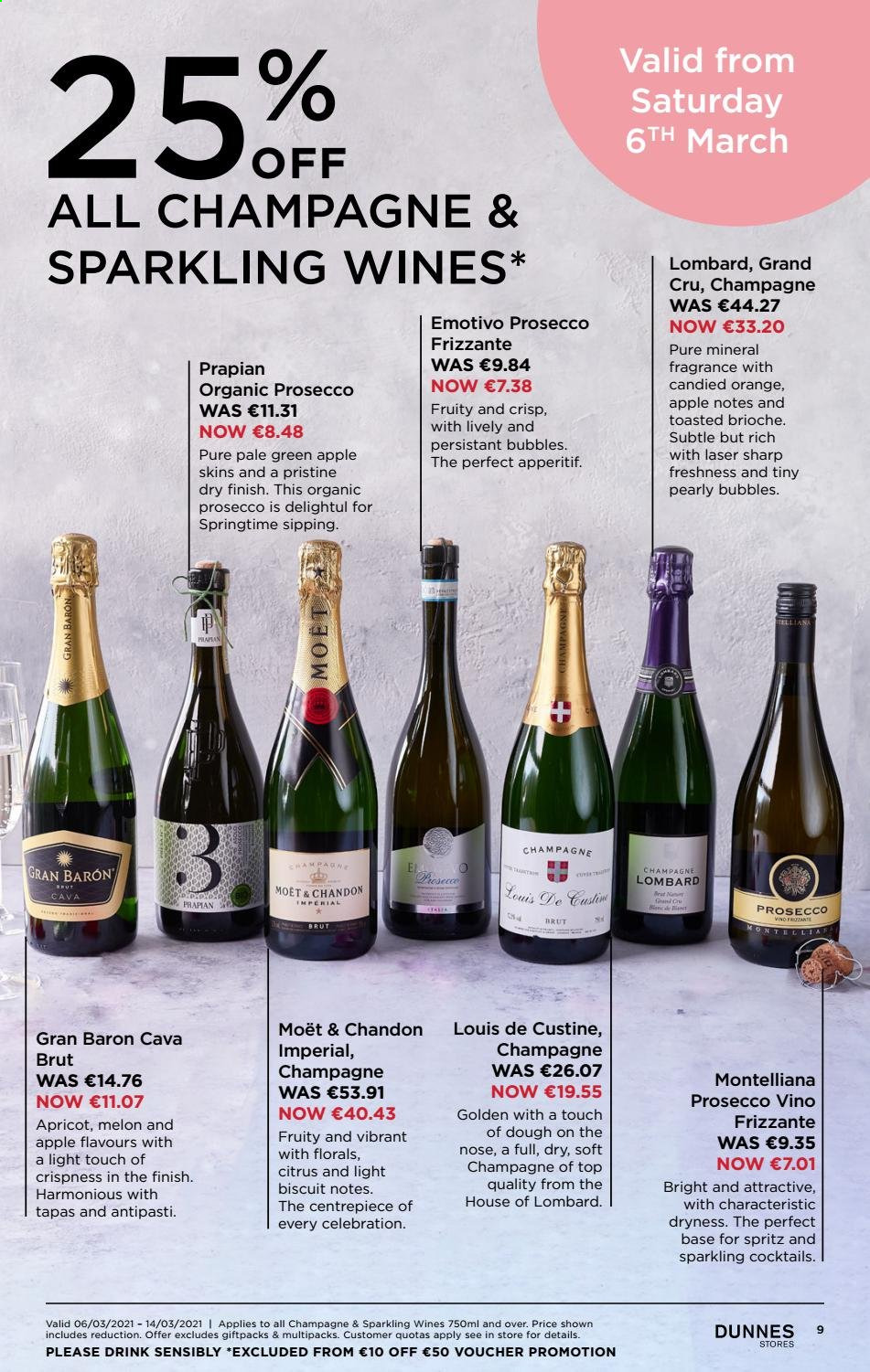 thumbnail - Dunnes Stores offer  - 04.03.2021 - 17.03.2021 - Sales products - brioche, melons, Celebration, biscuit, sparkling wine, champagne, prosecco, wine, Moët & Chandon, organic prosecco, fragrance, Brut, Sharp. Page 9.