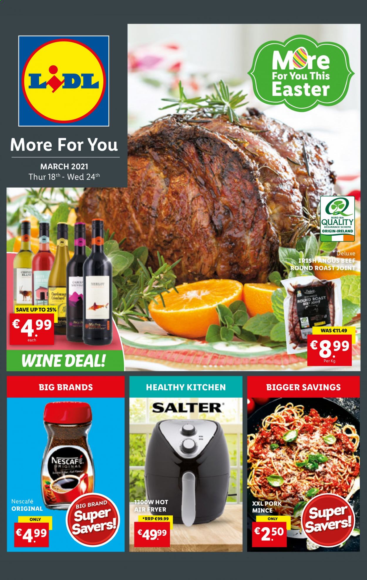 thumbnail - Lidl offer  - 18.03.2021 - 24.03.2021 - Sales products - Nescafé, wine, beef meat, round roast, air fryer. Page 1.