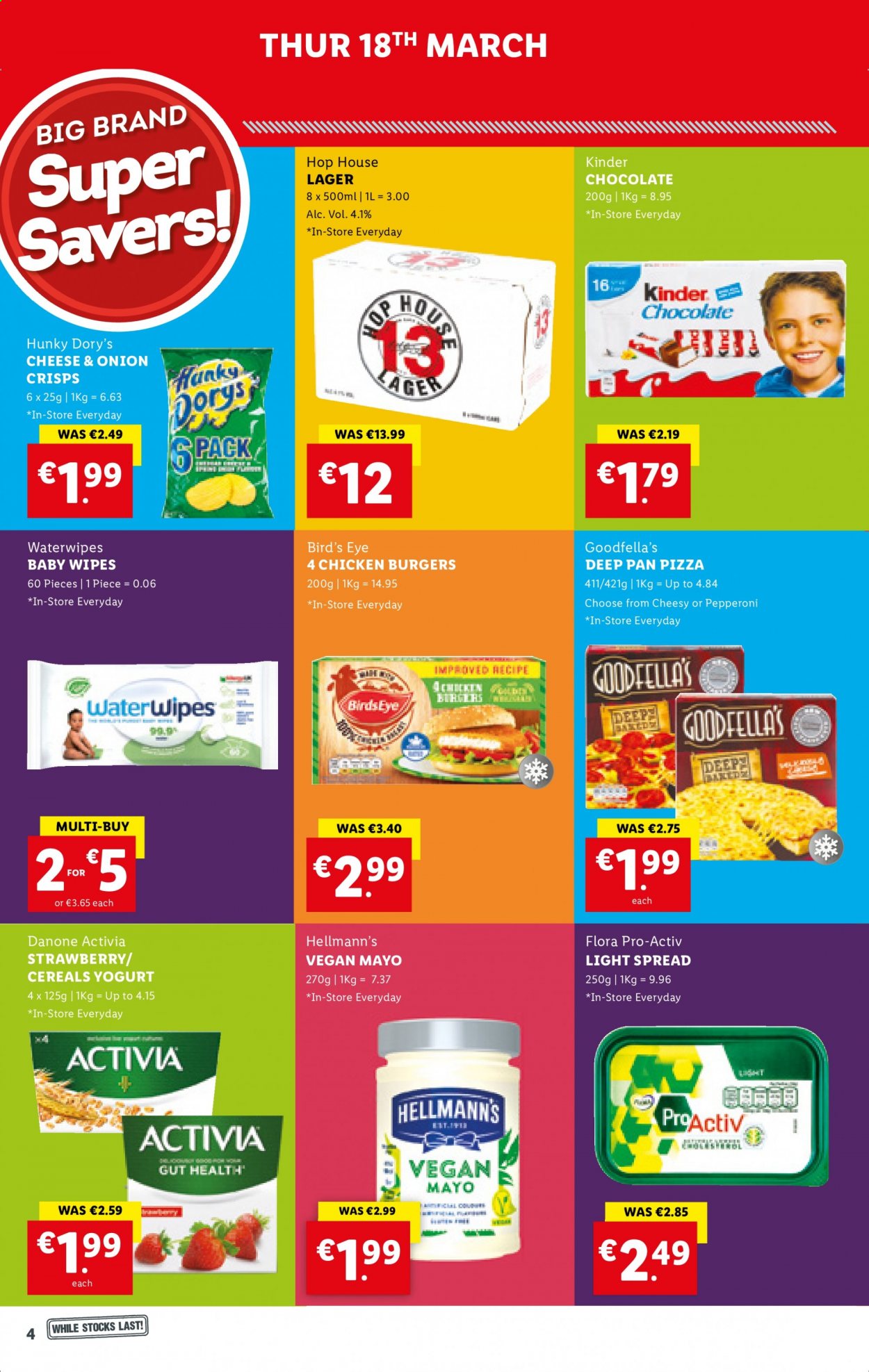thumbnail - Lidl offer  - 18.03.2021 - 24.03.2021 - Sales products - pizza, hamburger, Bird's Eye, pepperoni, yoghurt, Danone, Activia, Flora, mayonnaise, Hellmann’s, chocolate, cereals, beer, Lager, baby wipes, wipes, pan. Page 4.