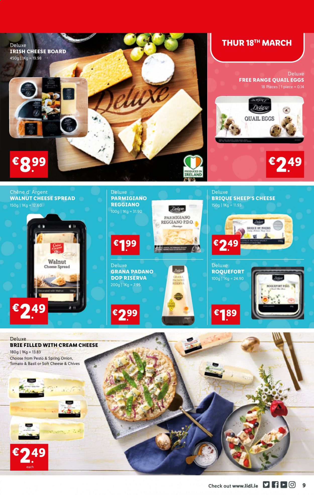 thumbnail - Lidl offer  - 18.03.2021 - 24.03.2021 - Sales products - onion, cream cheese, cheese spread, soft cheese, brie, Parmigiano Reggiano, eggs, pesto, walnuts, quail. Page 9.