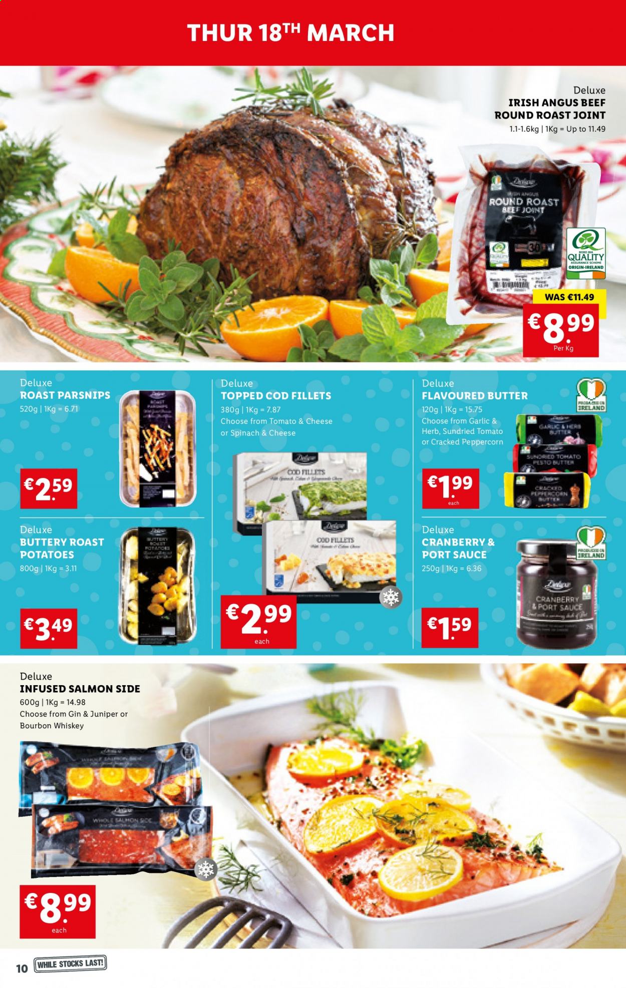thumbnail - Lidl offer  - 18.03.2021 - 24.03.2021 - Sales products - spinach, potatoes, parsnips, cod, salmon, sauce, butter, herbs, dried tomatoes, bourbon, gin, whiskey, beef meat, round roast, roast beef. Page 10.