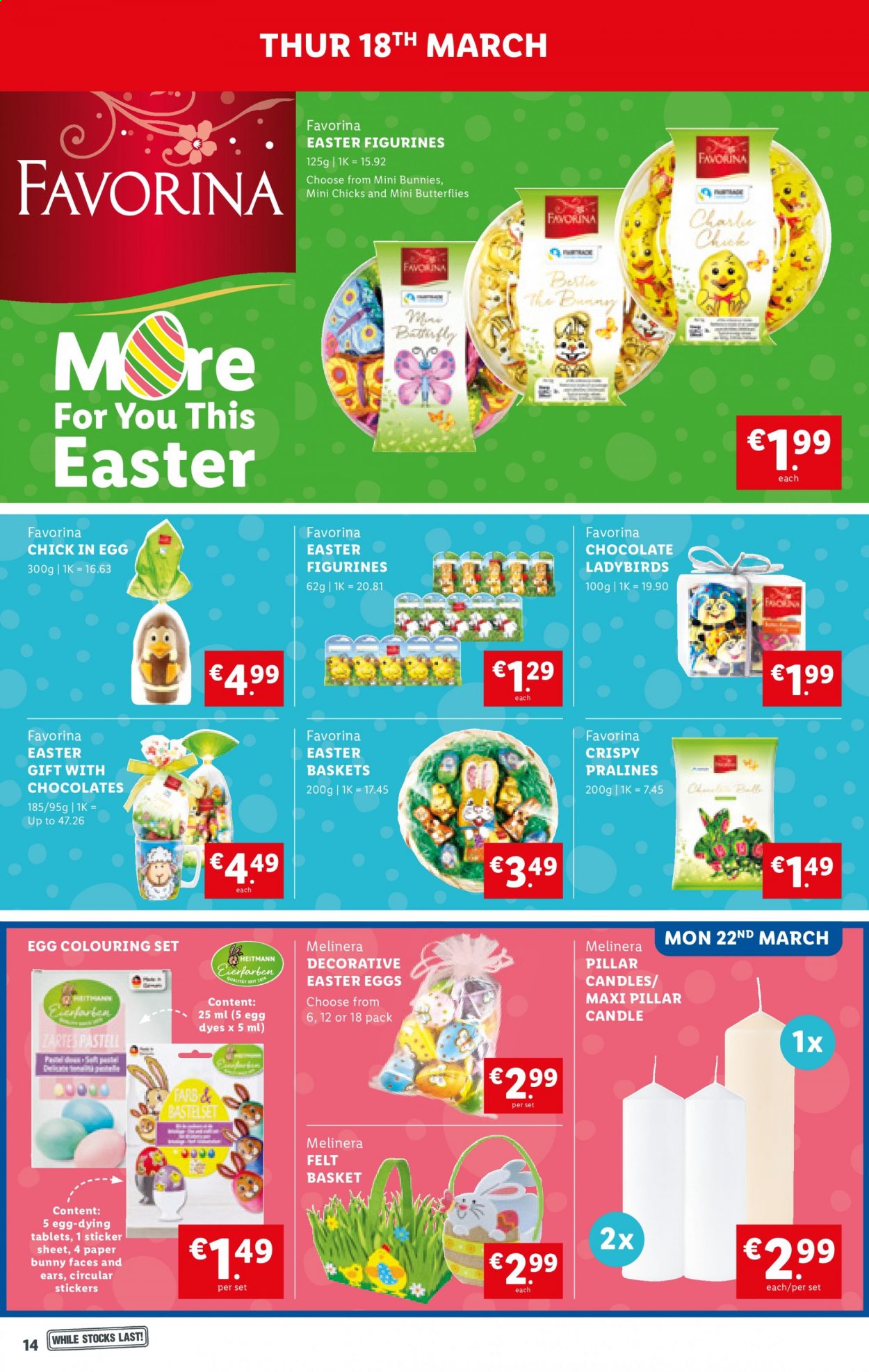 thumbnail - Lidl offer  - 18.03.2021 - 24.03.2021 - Sales products - eggs, pralines, chocolate, basket, sticker, paper, candle. Page 14.