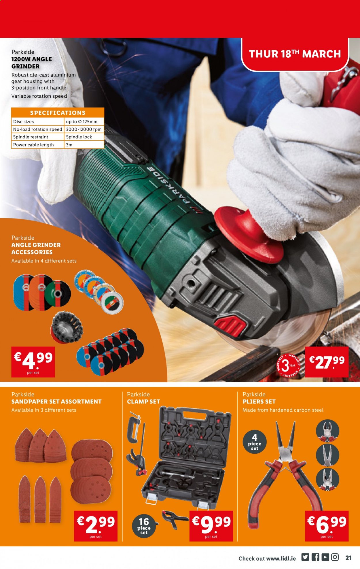 thumbnail - Lidl offer  - 18.03.2021 - 24.03.2021 - Sales products - grinder, angle grinder, Parkside, pliers, clamp set. Page 21.