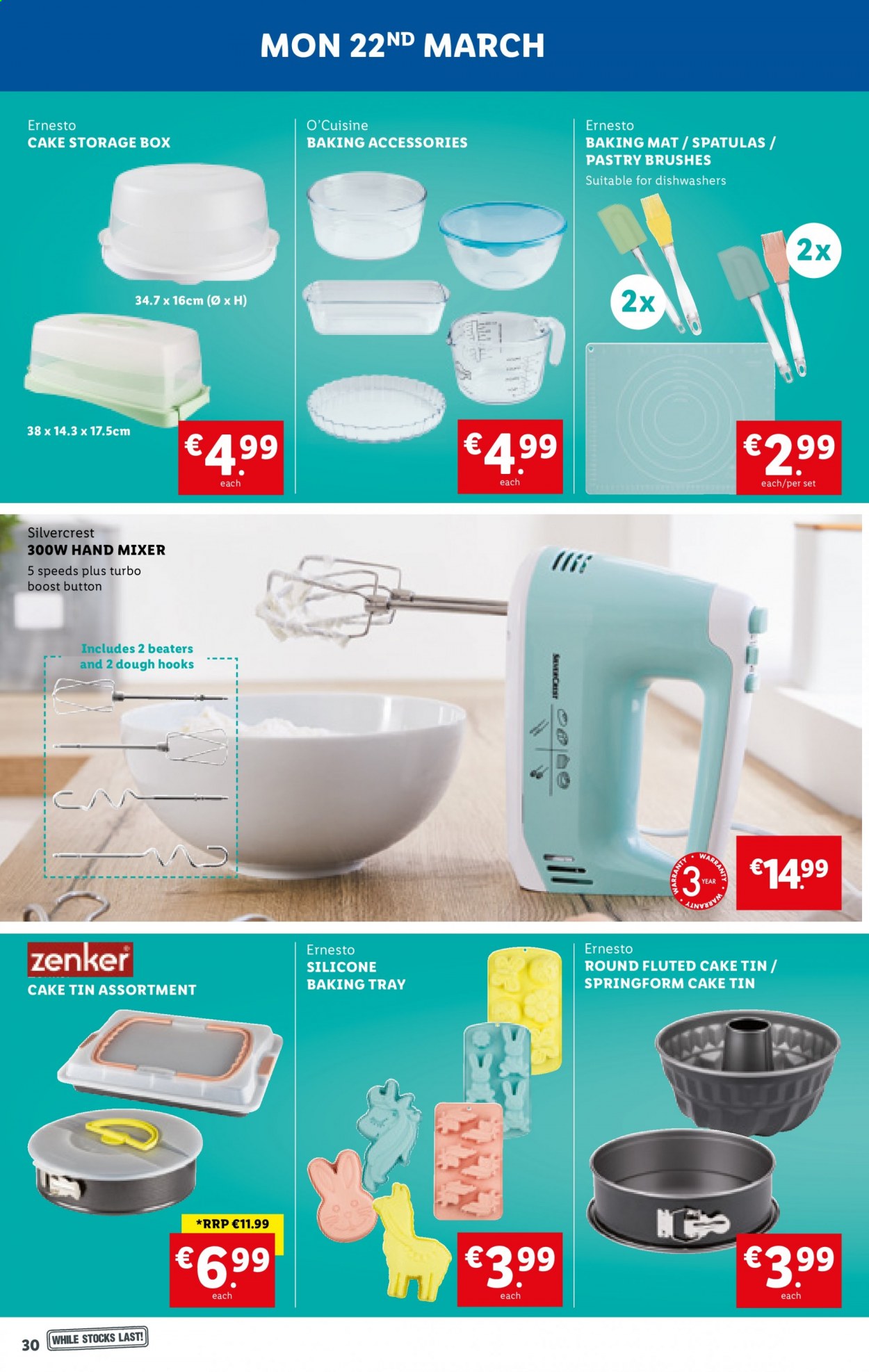 thumbnail - Lidl offer  - 18.03.2021 - 24.03.2021 - Sales products - SilverCrest, cake, Boost, hook, Ernesto, spatula, baking accessories, baking tray, storage box, mixer, hand mixer. Page 30.