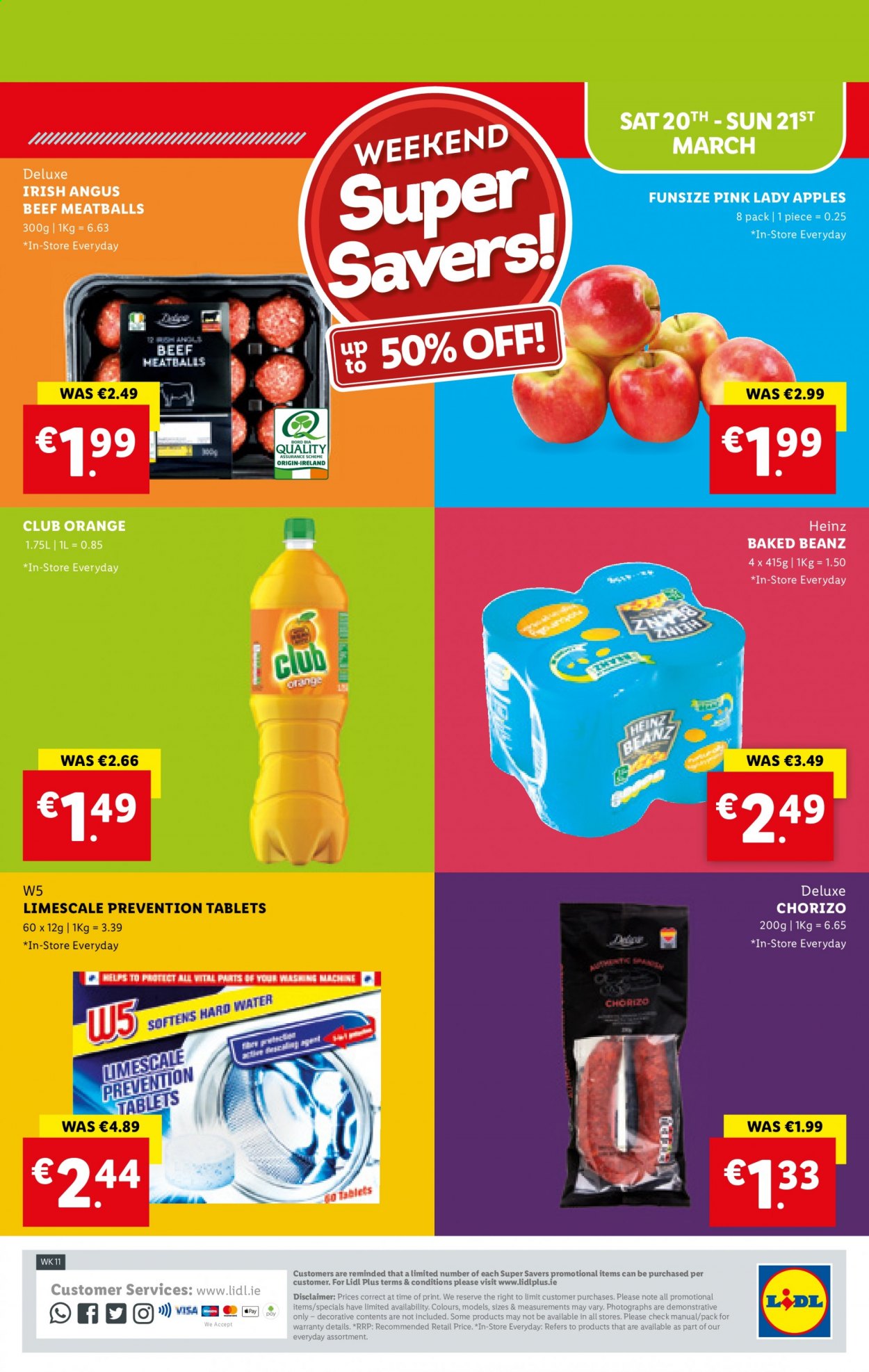 thumbnail - Lidl offer  - 18.03.2021 - 24.03.2021 - Sales products - apples, Pink Lady, meatballs, chorizo, Heinz, beef meat. Page 32.