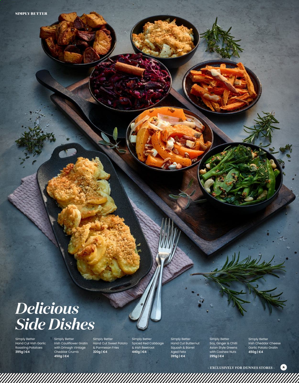 thumbnail - Dunnes Stores offer  - 18.03.2021 - 20.04.2021 - Sales products - sweet potato, butternut squash, cabbage, cauliflower, ginger, potatoes, beetroot juice, cheddar, parmesan, cheese, feta, potato fries, cashews. Page 8.