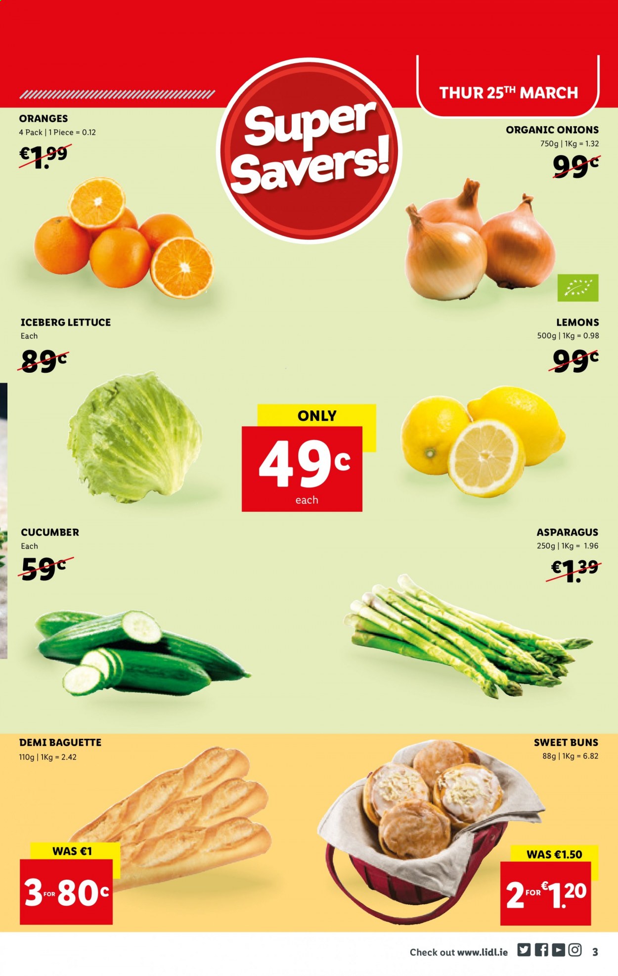 thumbnail - Lidl offer  - 25.03.2021 - 31.03.2021 - Sales products - baguette, buns, asparagus, cucumber, onion, lettuce, oranges, lemons. Page 3.