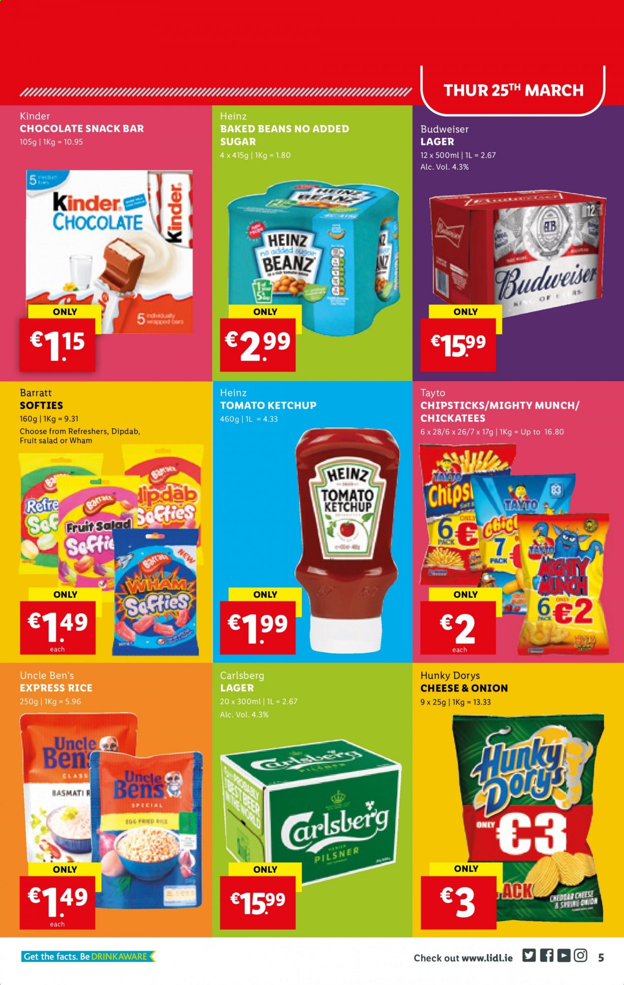 thumbnail - Lidl offer  - 25.03.2021 - 31.03.2021 - Sales products - beans, salad, cheddar, chocolate, snack bar, chips, snack, Tayto, sugar, Heinz, baked beans, Uncle Ben's, fruit salad, basmati rice, rice, ketchup, beer, Budweiser, Carlsberg, Lager. Page 5.