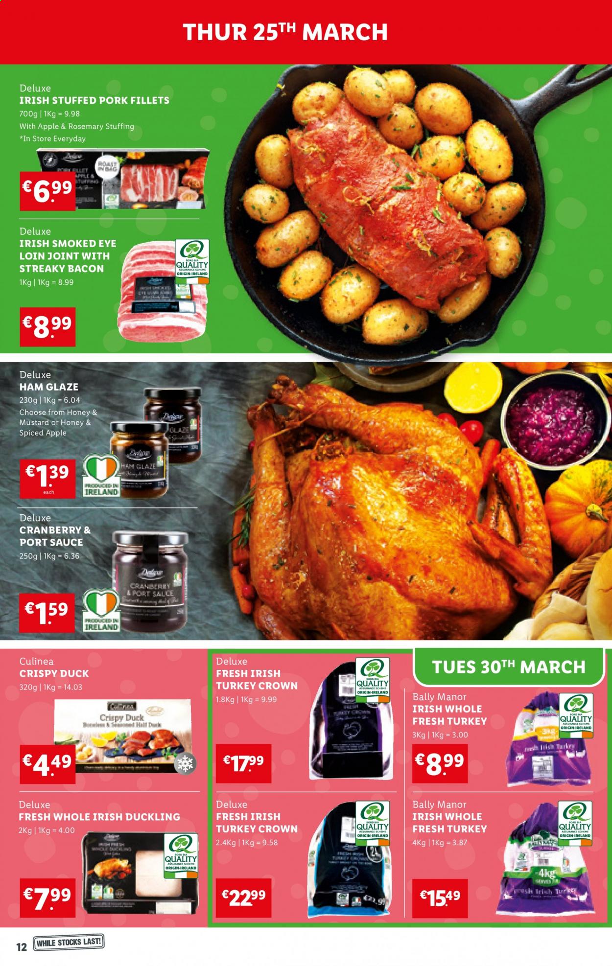 thumbnail - Lidl offer  - 25.03.2021 - 31.03.2021 - Sales products - sauce, bacon, ham, streaky bacon, rosemary, mustard, ham glaze, honey, Apple. Page 12.