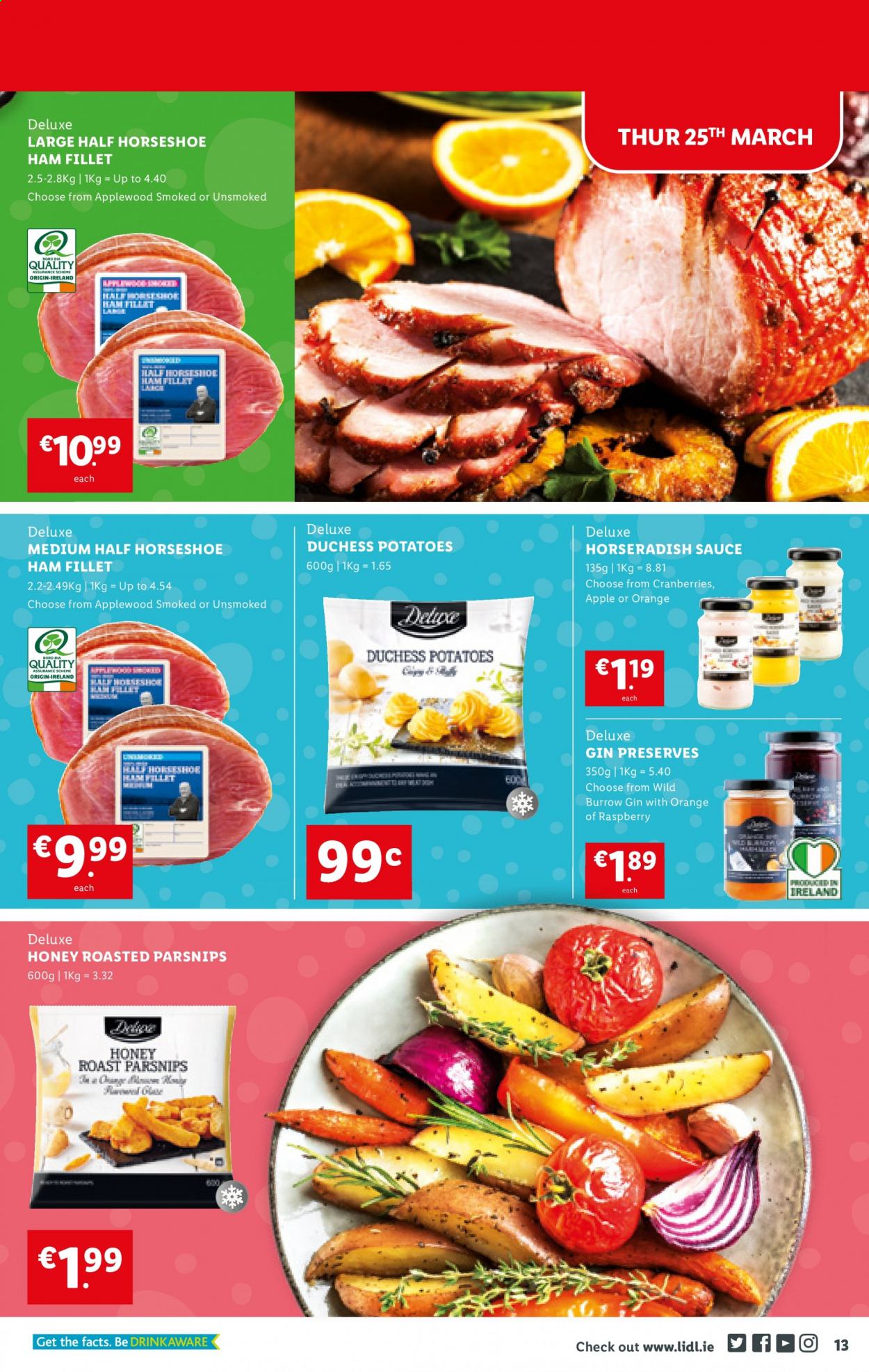 thumbnail - Lidl offer  - 25.03.2021 - 31.03.2021 - Sales products - horseradish, potatoes, parsnips, oranges, sauce, ham, cranberries, honey, gin. Page 13.