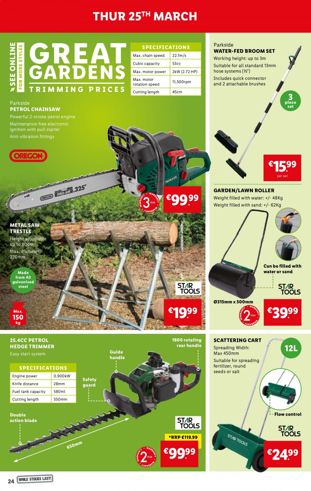 thumbnail - Lidl offer  - 25.03.2021 - 31.03.2021 - Sales products - salt, trimmer, broom, knife, tank, Hewlett Packard, chain saw, saw, Parkside, fertilizer, cart. Page 24.