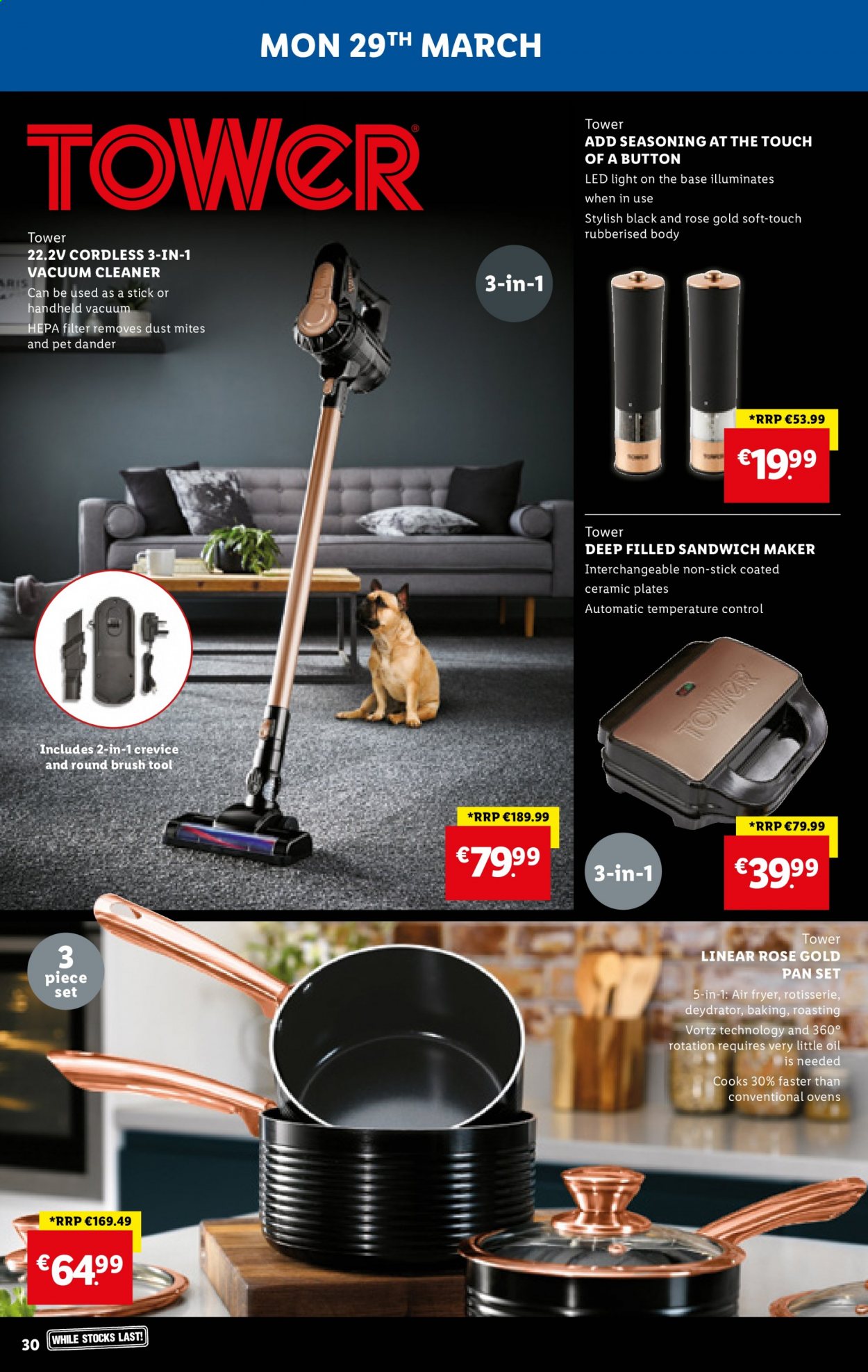 thumbnail - Lidl offer  - 25.03.2021 - 31.03.2021 - Sales products - sandwich, oil, Cook's, cleaner, brush, plate, pan, vacuum cleaner, air fryer, LED light. Page 30.