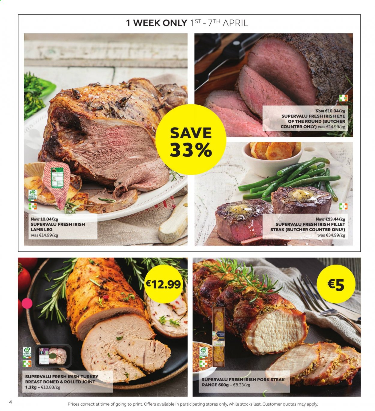 thumbnail - SuperValu offer  - 25.03.2021 - 07.04.2021 - Sales products - steak, pork chops, pork meat, lamb meat, lamb leg. Page 4.