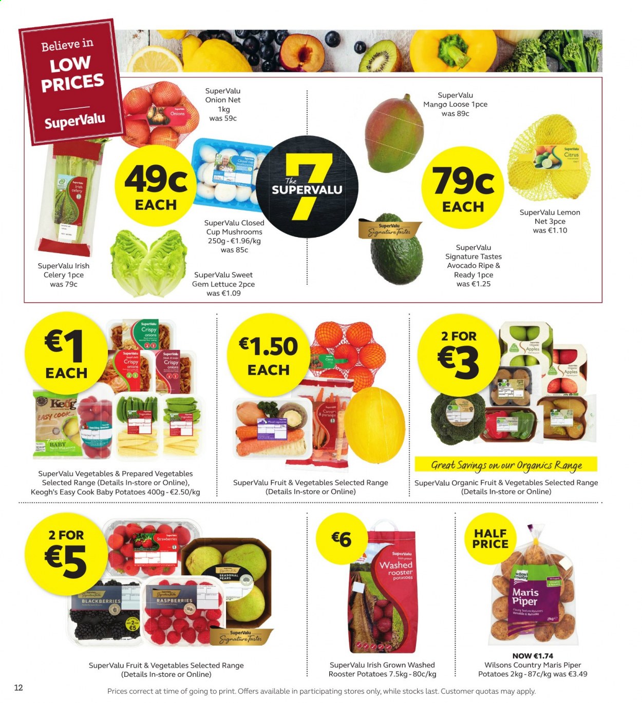 thumbnail - SuperValu offer  - 25.03.2021 - 07.04.2021 - Sales products - mushrooms, blackberries, raspberries, potatoes, onion, celery, parsnips, lettuce, avocado, mango, strawberries, pears, apples. Page 12.