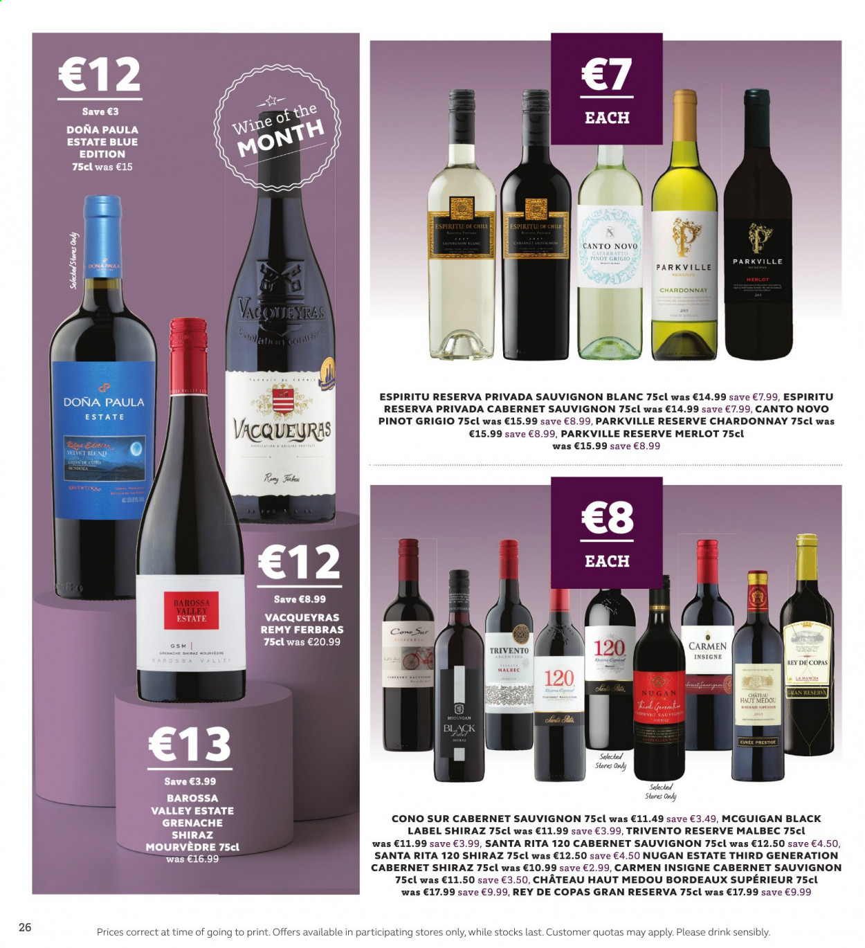 thumbnail - SuperValu offer  - 25.03.2021 - 07.04.2021 - Sales products - Cabernet Sauvignon, Chardonnay, wine, Merlot, Cuvée, Rey de Copas, Shiraz, Grenache, Pinot Grigio, Sauvignon Blanc. Page 26.