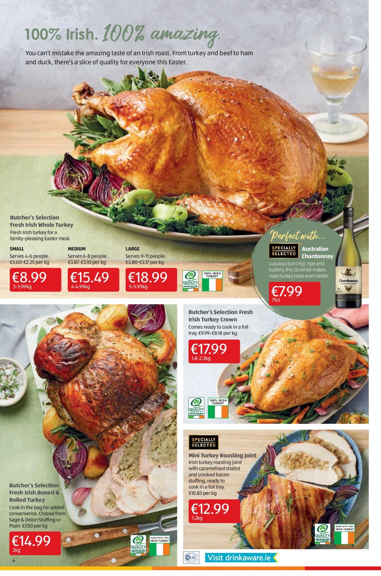 thumbnail - Aldi offer  - 01.04.2021 - 07.04.2021 - Sales products - bacon, ham, Chardonnay, wine, whole turkey, tray, foil tray. Page 4.