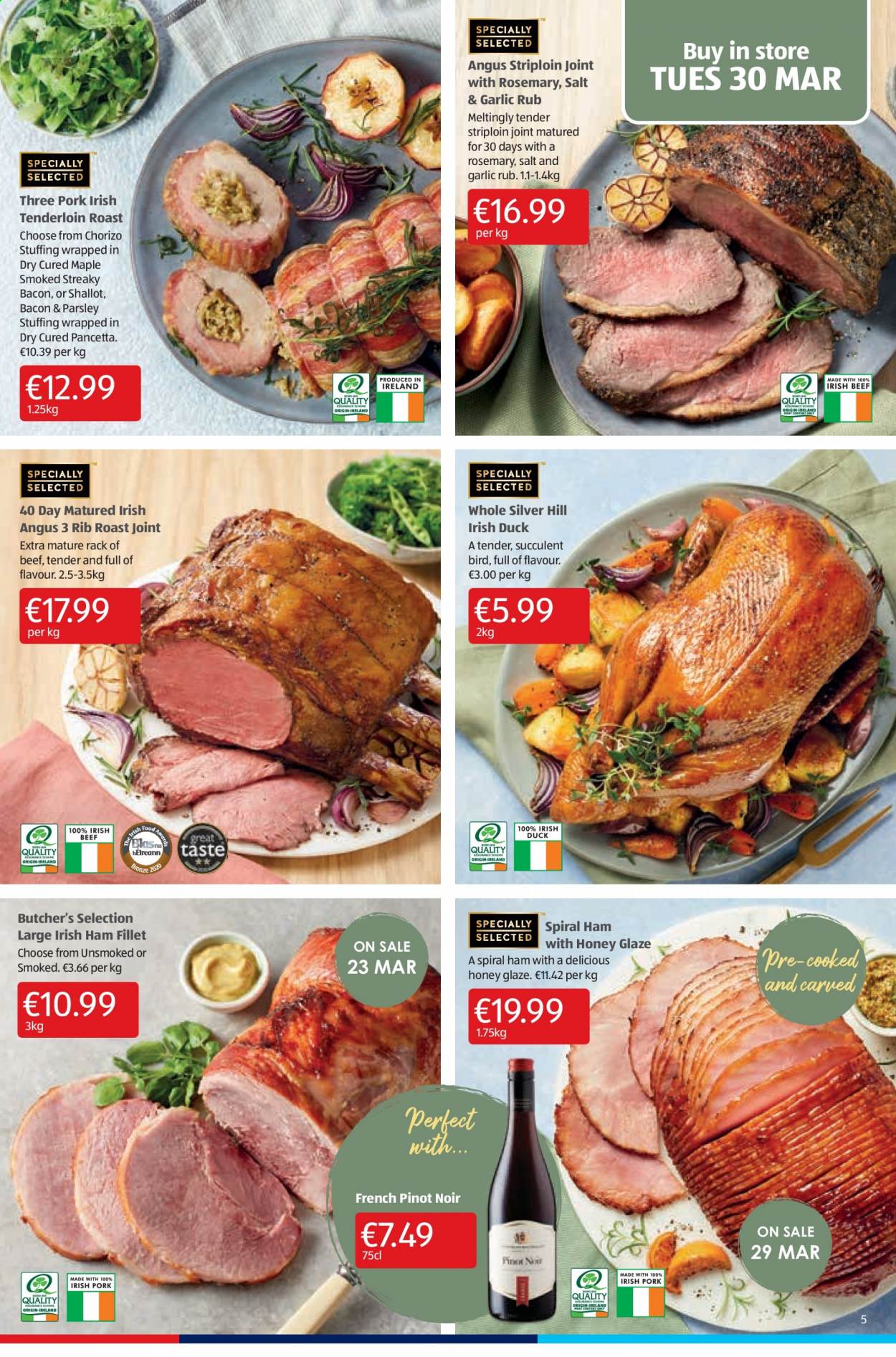 thumbnail - Aldi offer  - 01.04.2021 - 07.04.2021 - Sales products - bacon, ham, pancetta, chorizo, spiral ham, streaky bacon, rosemary, parsley, wine, Pinot Noir, succulent. Page 5.