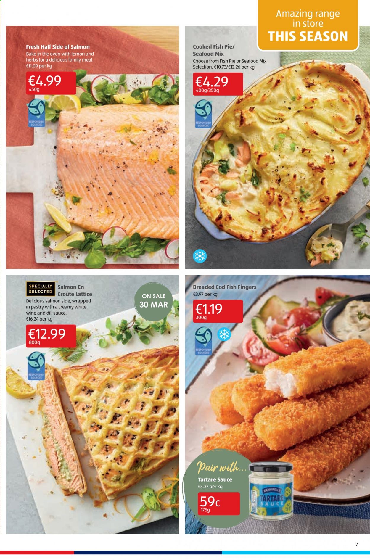 thumbnail - Aldi offer  - 01.04.2021 - 07.04.2021 - Sales products - pie, cod, salmon, seafood, fish, fish fingers, dill, herbs, white wine. Page 7.
