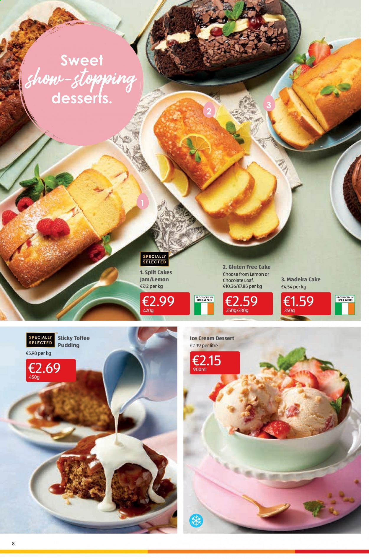 thumbnail - Aldi offer  - 01.04.2021 - 07.04.2021 - Sales products - cake, madeira cake, pudding, ice cream, chocolate, toffee, fruit jam. Page 8.