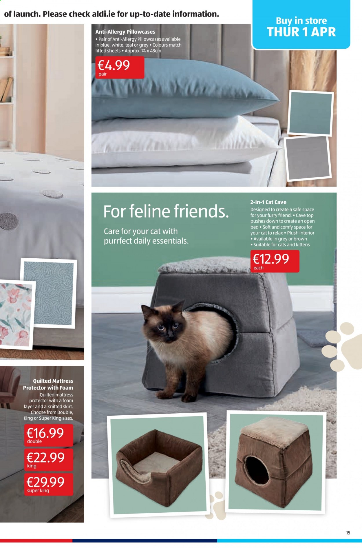 thumbnail - Aldi offer  - 01.04.2021 - 07.04.2021 - Sales products - pillowcase, mattress protector, pet bed, mattress. Page 15.