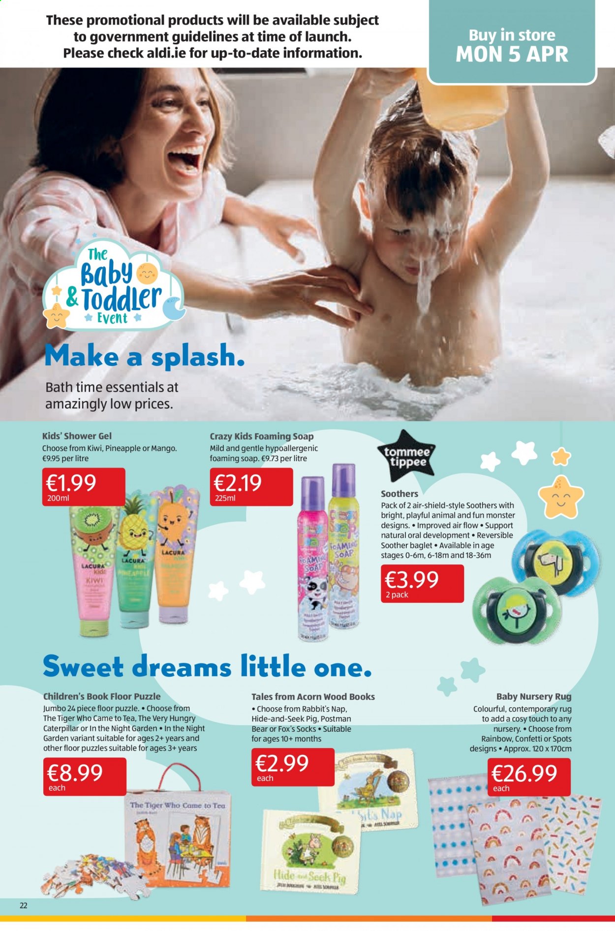 thumbnail - Aldi offer  - 01.04.2021 - 07.04.2021 - Sales products - kiwi, Monster, tea, shower gel, soap, book, rabbit, socks, puzzle, soother. Page 22.