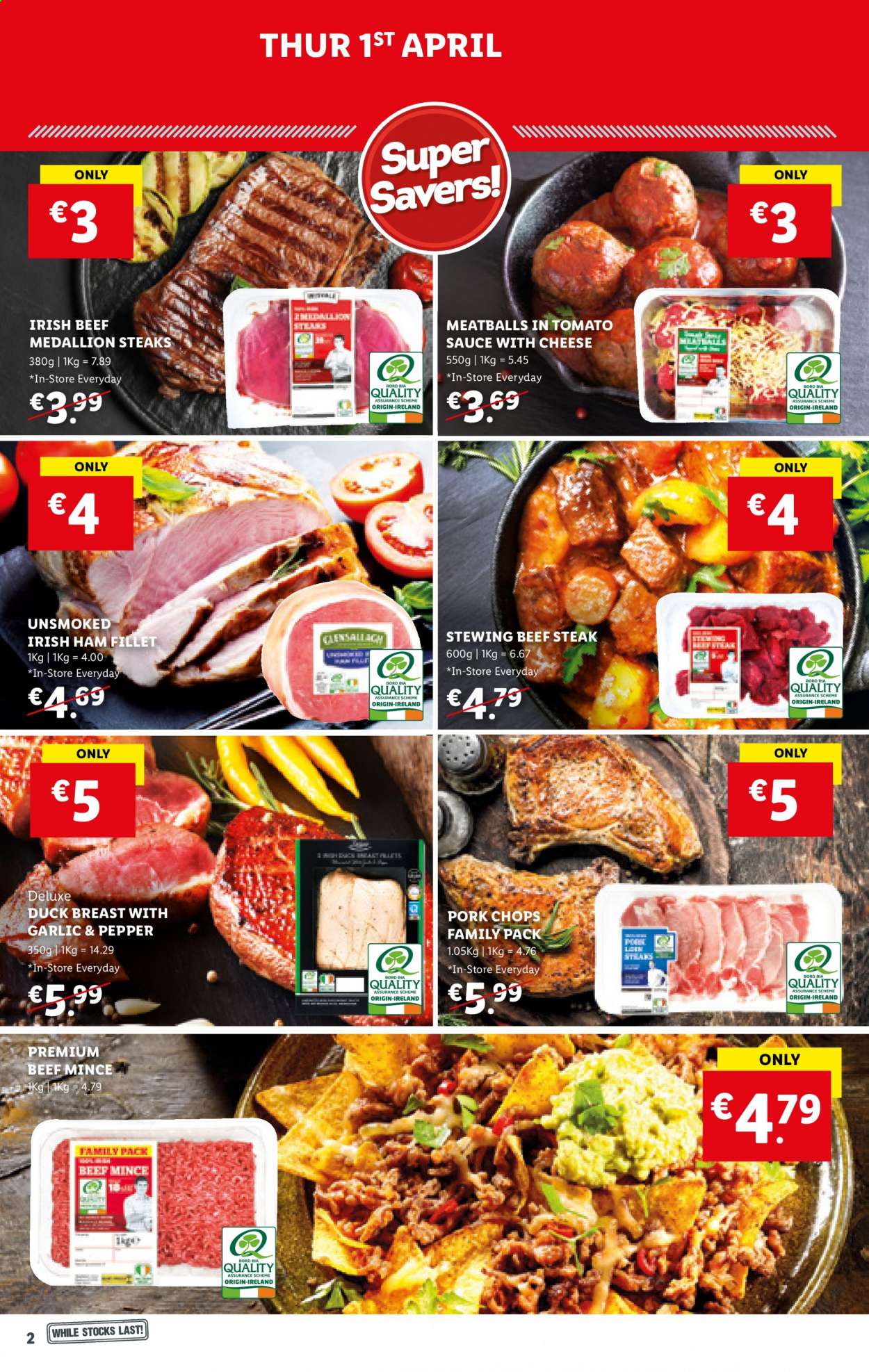 thumbnail - Lidl offer  - 01.04.2021 - 07.04.2021 - Sales products - meatballs, sauce, ham, cheese, duck breasts, beef meat, beef steak, ground beef, steak, stewing beef, pork chops, pork meat, duck meat. Page 2.