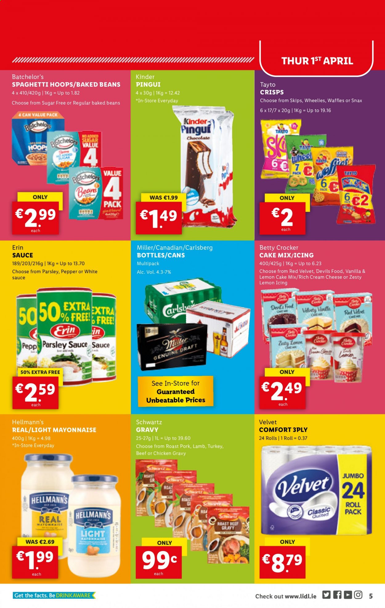 thumbnail - Lidl offer  - 01.04.2021 - 07.04.2021 - Sales products - cake mix, waffles, beans, cream cheese, sauce, mayonnaise, Hellmann’s, Tayto, baked beans, spaghetti, parsley, pepper, chicken gravy, Carlsberg, Miller. Page 5.