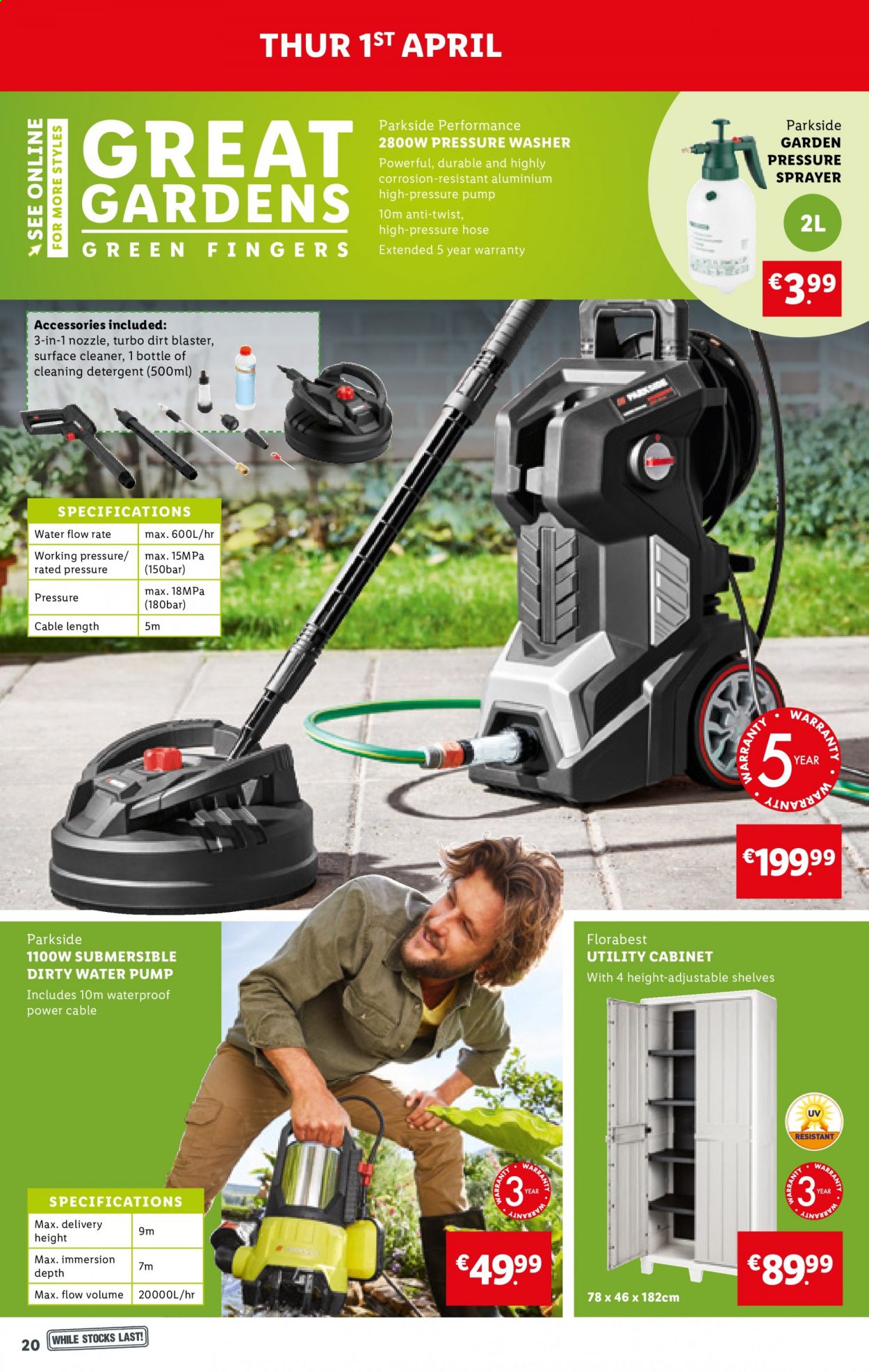 thumbnail - Lidl offer  - 01.04.2021 - 07.04.2021 - Sales products - detergent, surface cleaner, cleaner, shelves, Parkside, water pump, pressure washer, sprayer. Page 20.