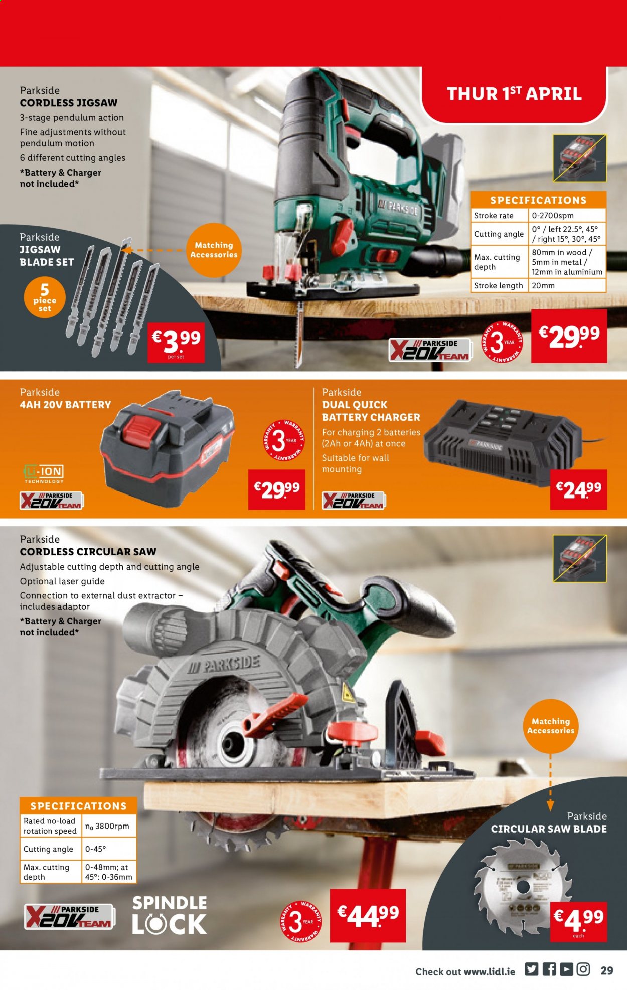 thumbnail - Lidl offer  - 01.04.2021 - 07.04.2021 - Sales products - battery charger, circular saw blade, circular saw, saw, Parkside, dust extractor. Page 29.