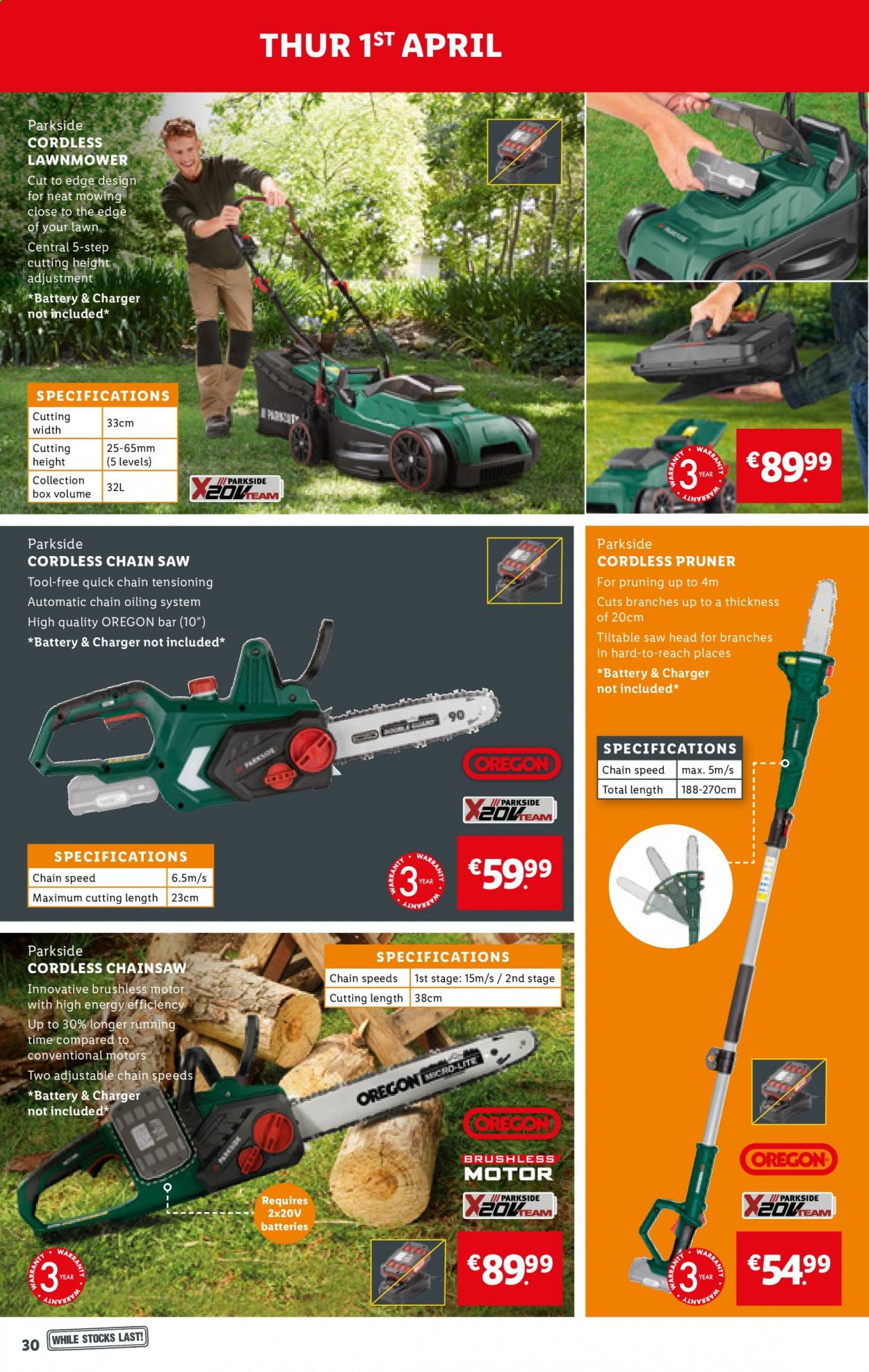 thumbnail - Lidl offer  - 01.04.2021 - 07.04.2021 - Sales products - battery, chain saw, saw, Parkside. Page 30.