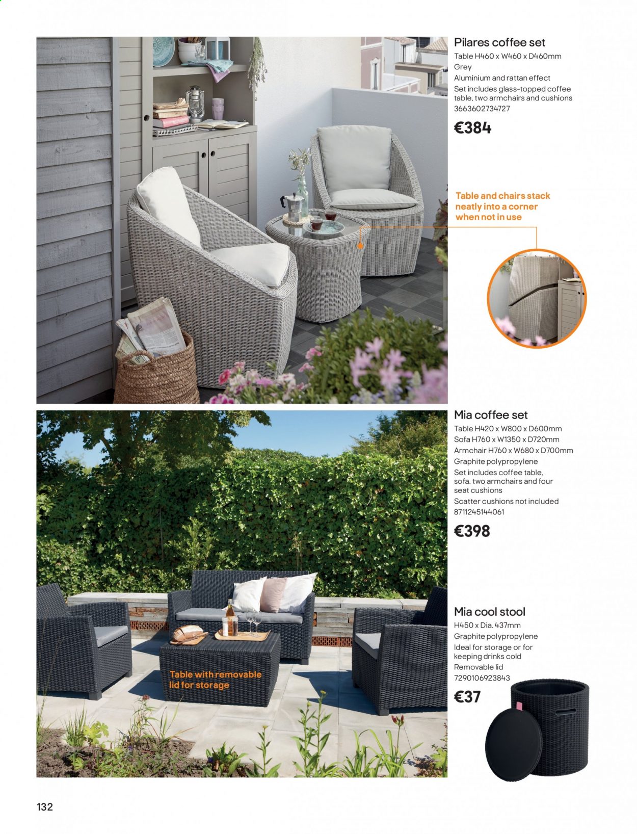 thumbnail - B&Q offer  - Sales products - cushion, table, stool, chair, arm chair, sofa, coffee table. Page 132.
