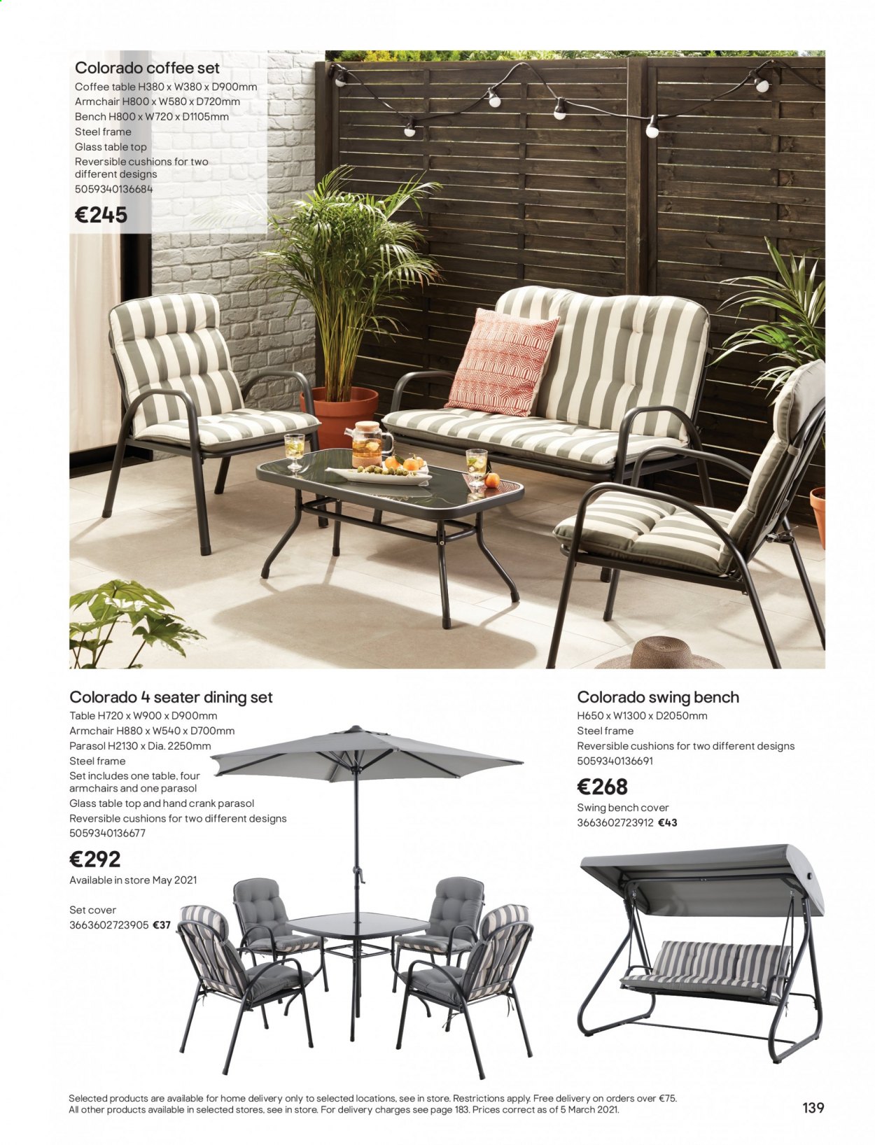 thumbnail - B&Q offer  - Sales products - cushion, dining set, table, arm chair, coffee table. Page 139.