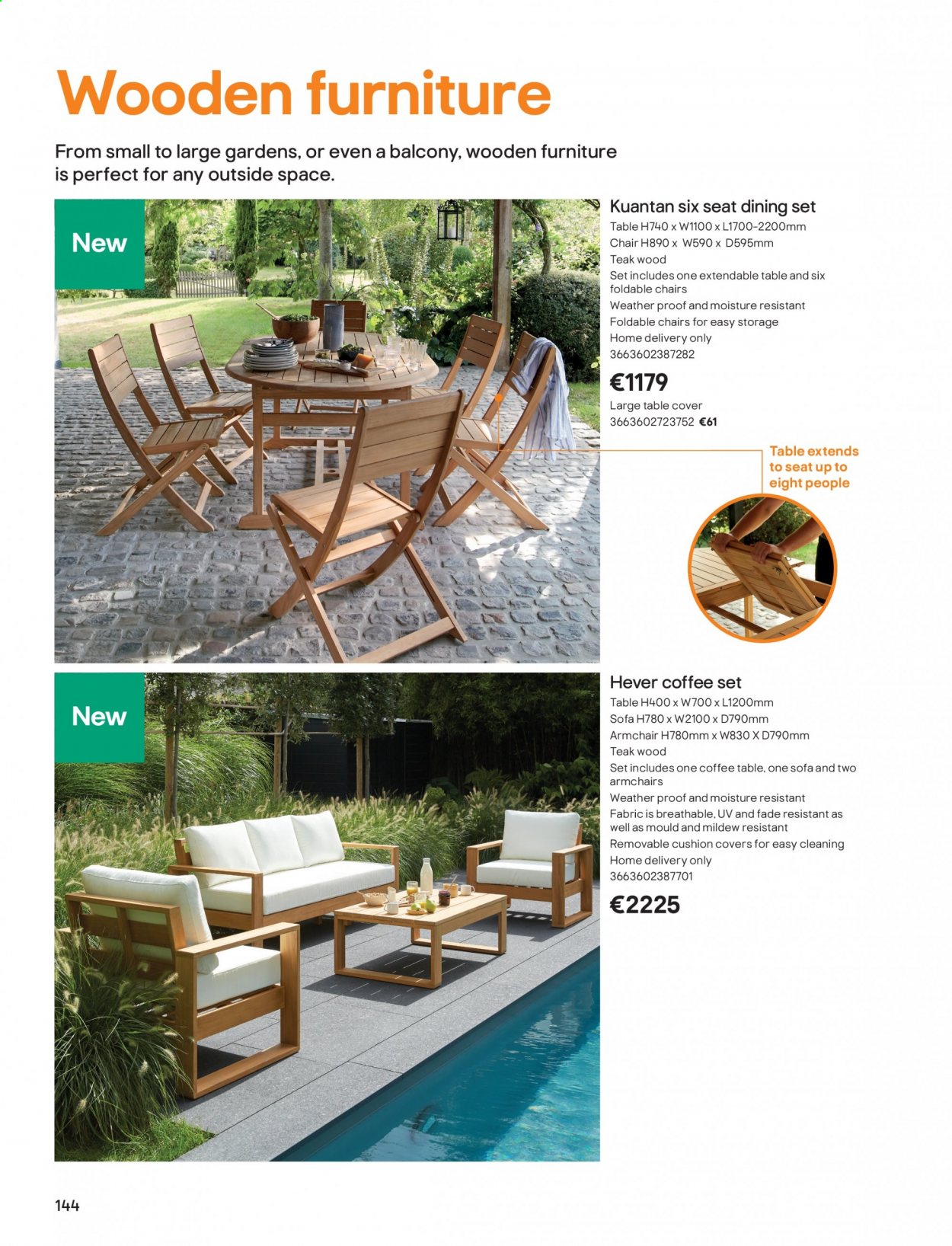 thumbnail - B&Q offer  - Sales products - cushion, dining set, extendable table, table, chair, arm chair, sofa, coffee table. Page 144.