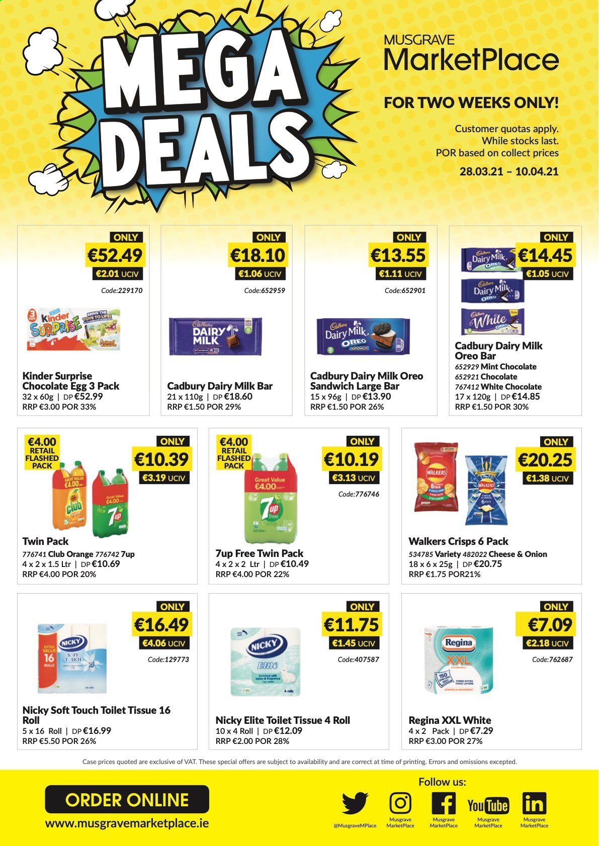 thumbnail - MUSGRAVE Market Place offer  - 28.03.2021 - 10.04.2021 - Sales products - sandwich, Oreo, eggs, white chocolate, chocolate, Kinder Surprise, Cadbury, Dairy Milk, 7UP. Page 1.