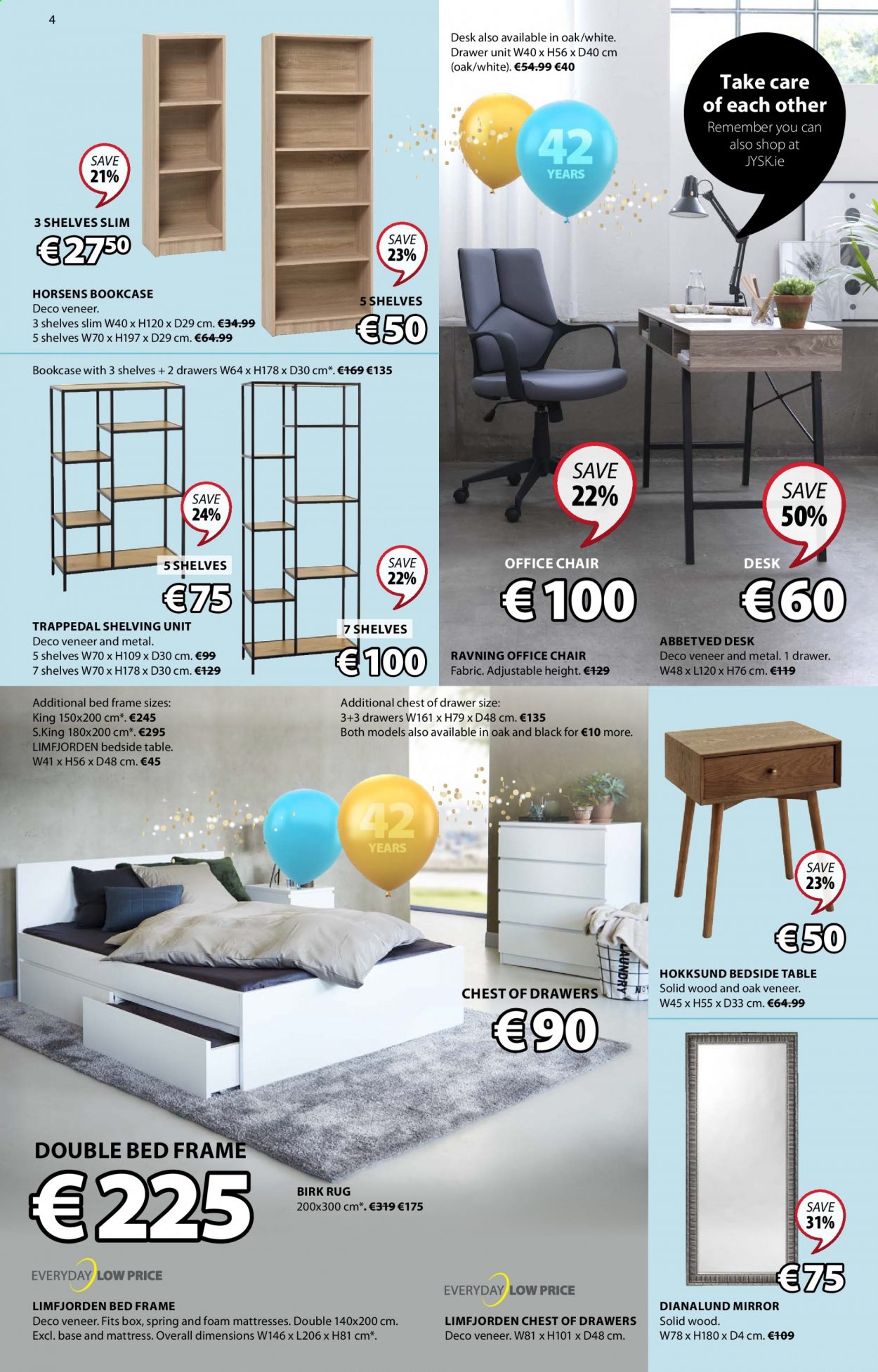 thumbnail - JYSK offer  - 08.04.2021 - 21.04.2021 - Sales products - table, chair, bookcase, drawer base, chest of drawers, shelves, shelf unit, bed, double bed, bed frame, mattress, bedside table, locker desk, office chair, cabinet with drawers, mirror, rug. Page 4.