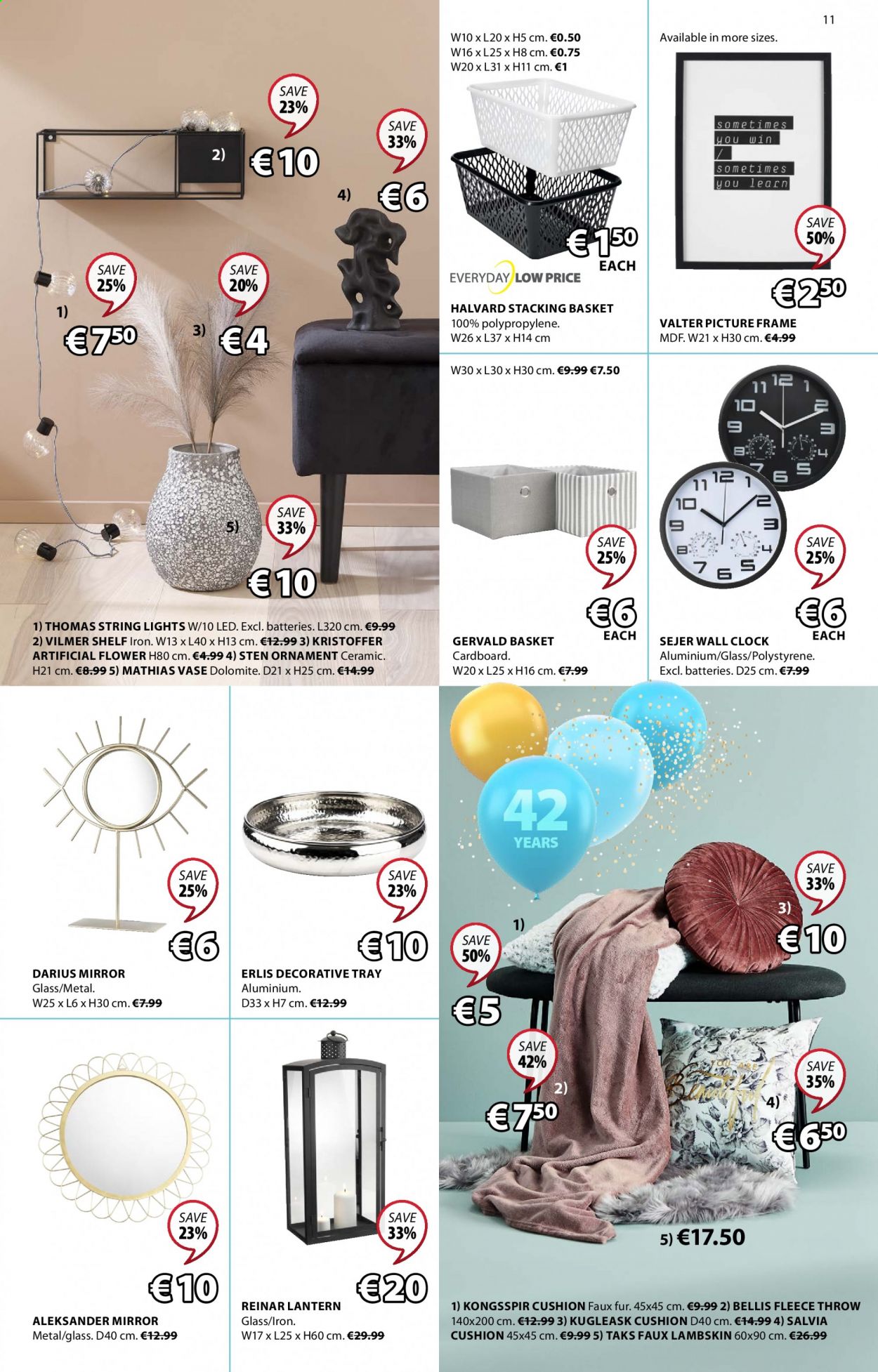 thumbnail - JYSK offer  - 08.04.2021 - 21.04.2021 - Sales products - shelves, cushion, mirror, lantern, picture frame, artificial flowers, faux lambskin, vase, basket, clock, tray, fleece throw, string lights. Page 11.