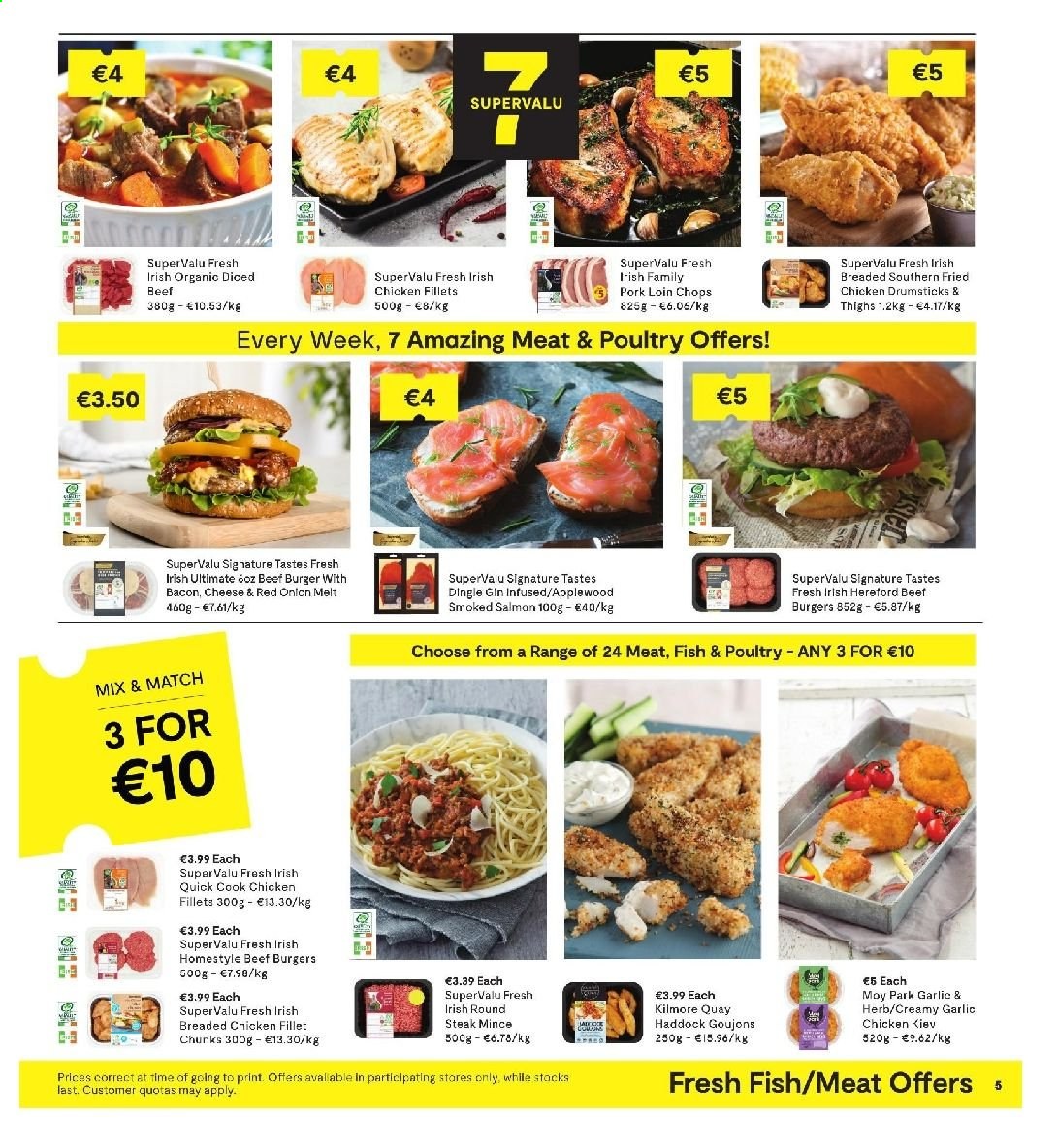 thumbnail - SuperValu offer  - 15.04.2021 - 28.04.2021 - Sales products - onion, salmon, smoked salmon, haddock, fish, hamburger, fried chicken, beef burger, Chicken Kiev, gin, beef meat, steak, diced beef, pork chops, pork loin, pork meat. Page 5.