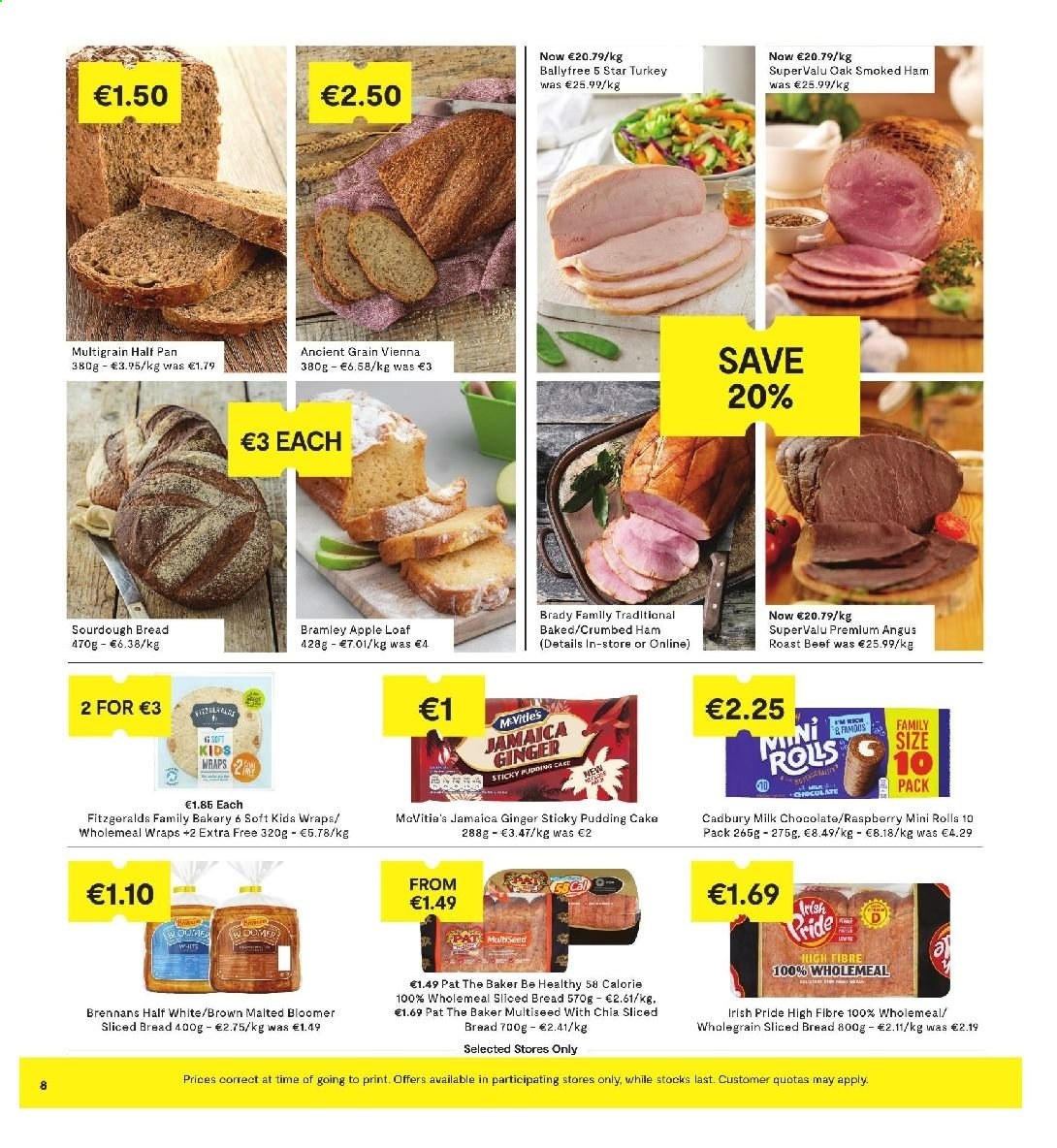 thumbnail - SuperValu offer  - 15.04.2021 - 28.04.2021 - Sales products - bread, cake, sourdough bread, wraps, ginger, ham, smoked ham, milk chocolate, chocolate, Cadbury, beef meat, roast beef. Page 8.
